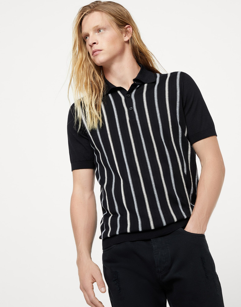 Cotton knit lightweight polo with jacquard stripes 1