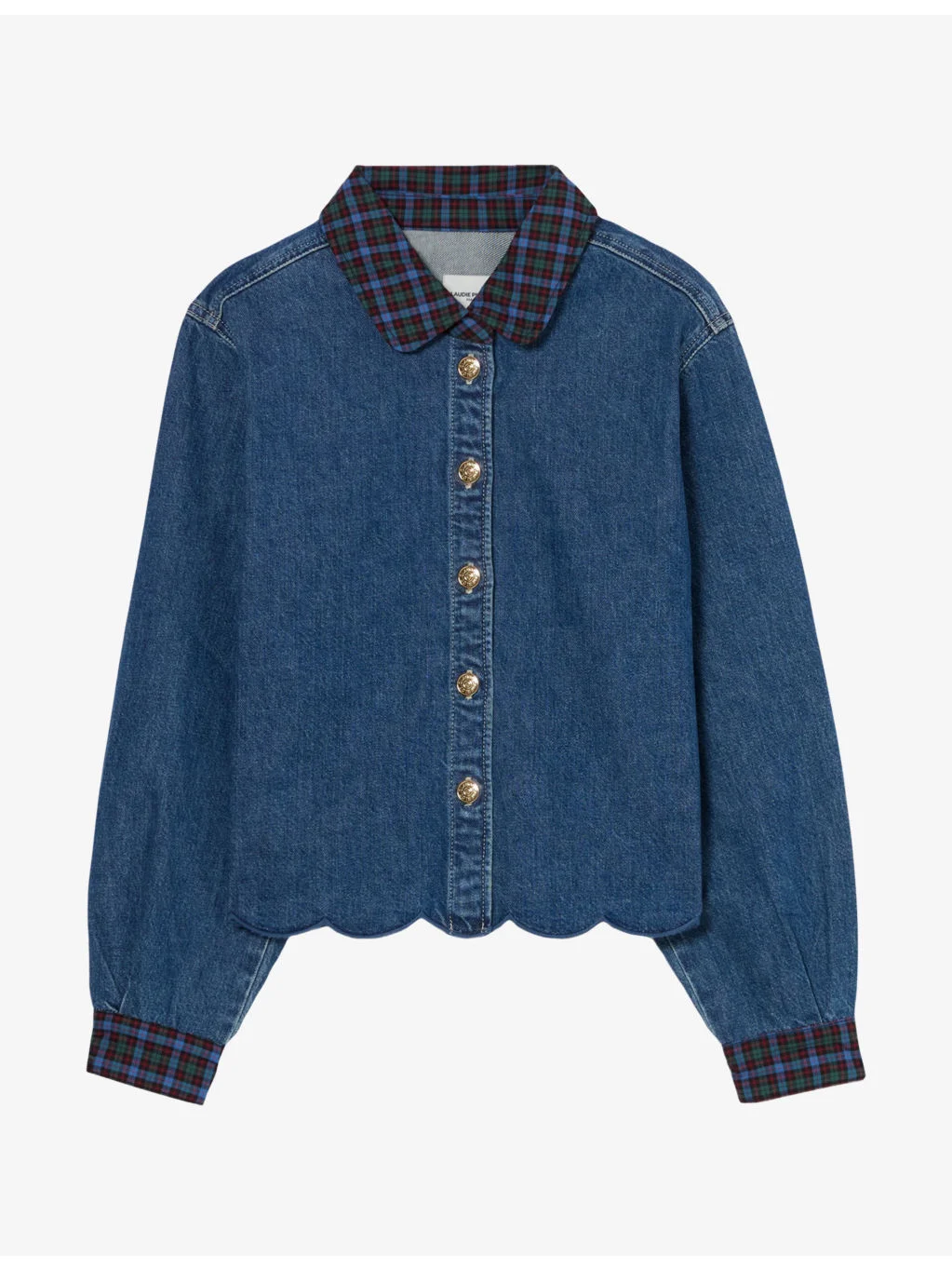 Checked-Collar Long-Sleeve Denim Shirt - 1