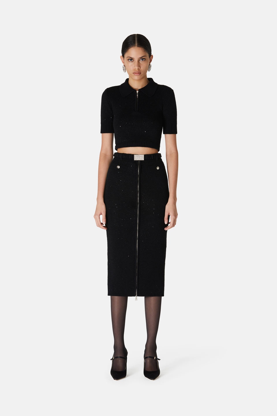 SEQUIN COTTON BLEND KNITTED MIDI SKIRT W/ZIP, BELT - 4