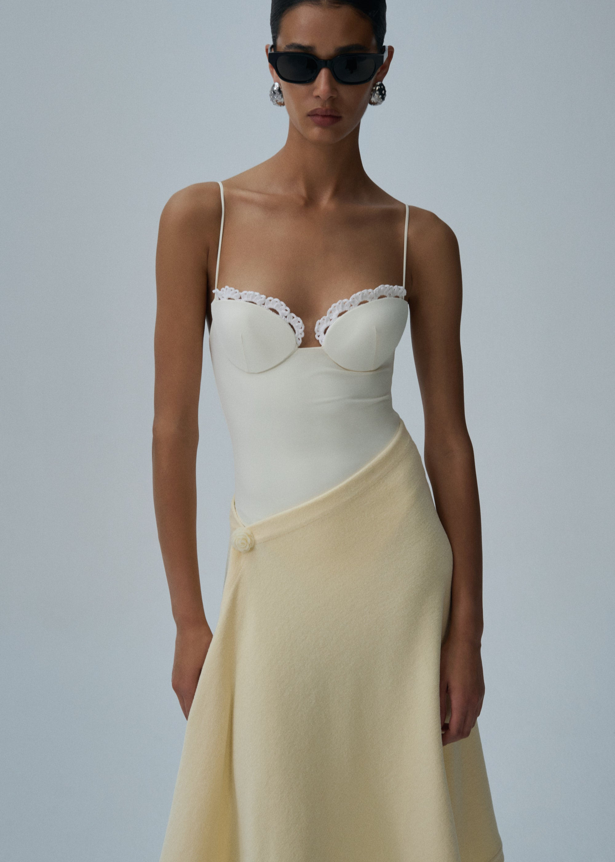 Crochet-trim bustier swimsuit in cream - 3