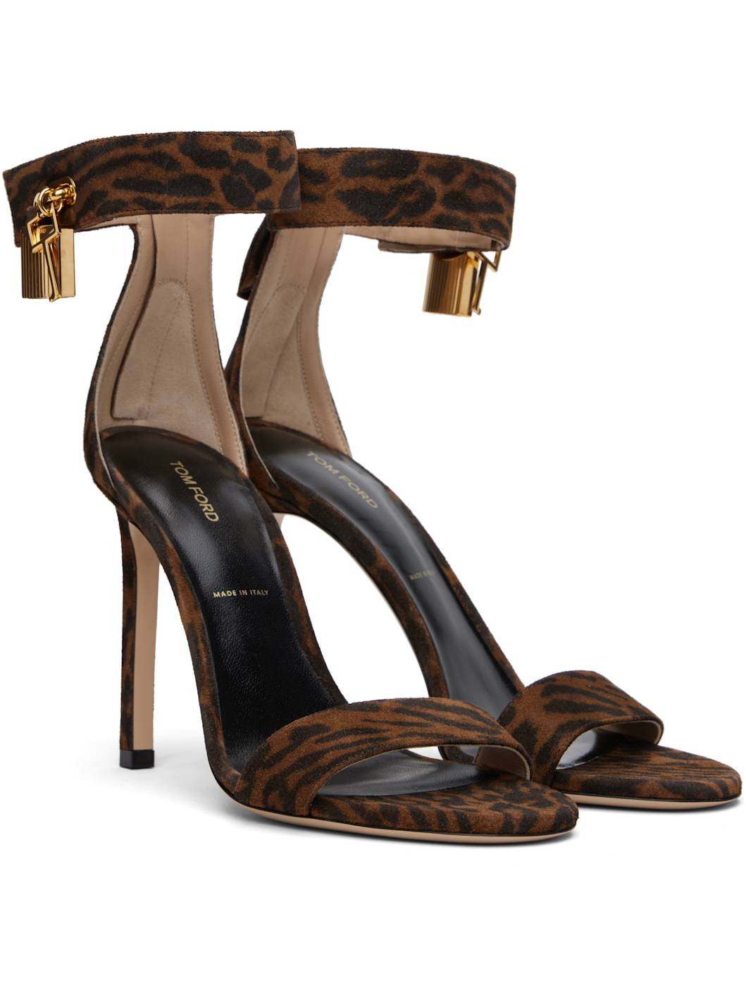 Brown Ocelot-Print Suede Padlock Heeled Sandals - 4