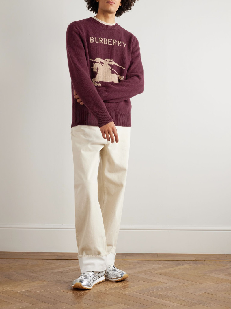 Burberry Logo-Jacquard Wool and Cashmere-Blend Sweater Burgundy outlook