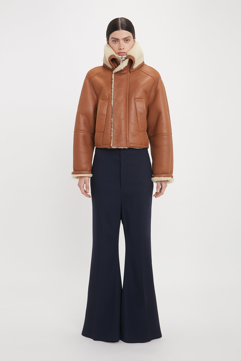Victoria Beckham Shearling Pea Coat In Tan-Cream outlook