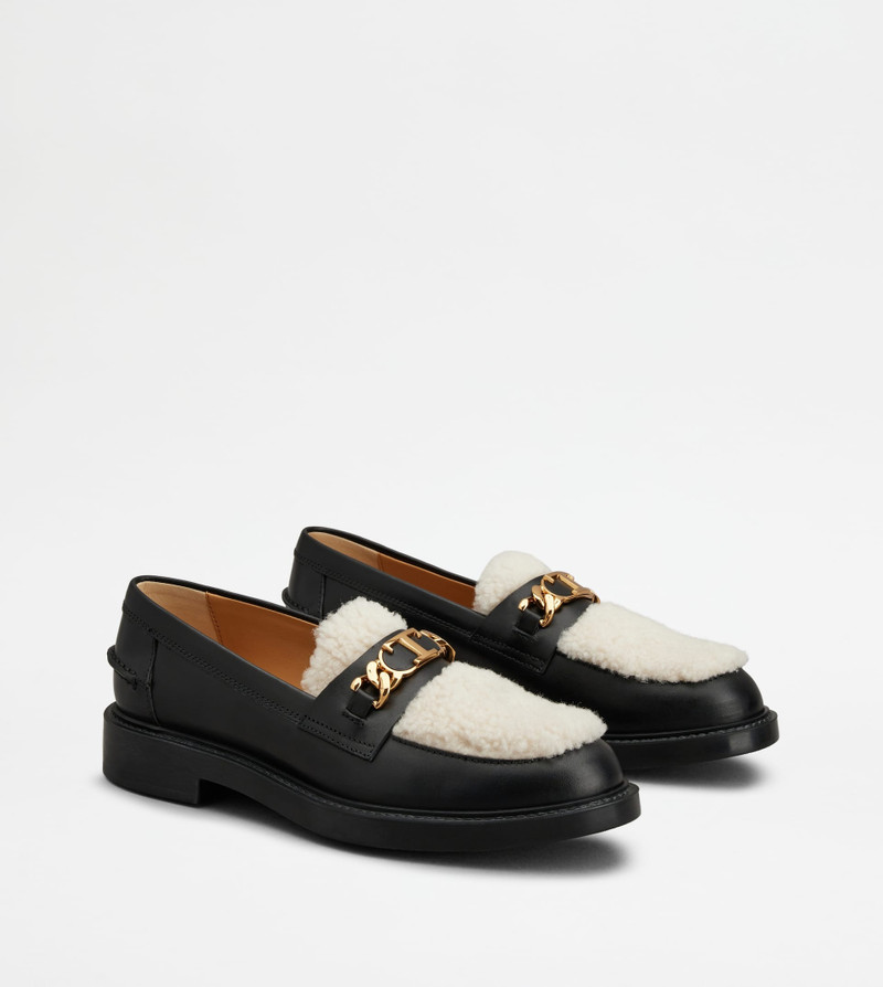 LOAFERS IN LEATHER AND SHEEPSKIN - BLACK, OFF WHITE 3
