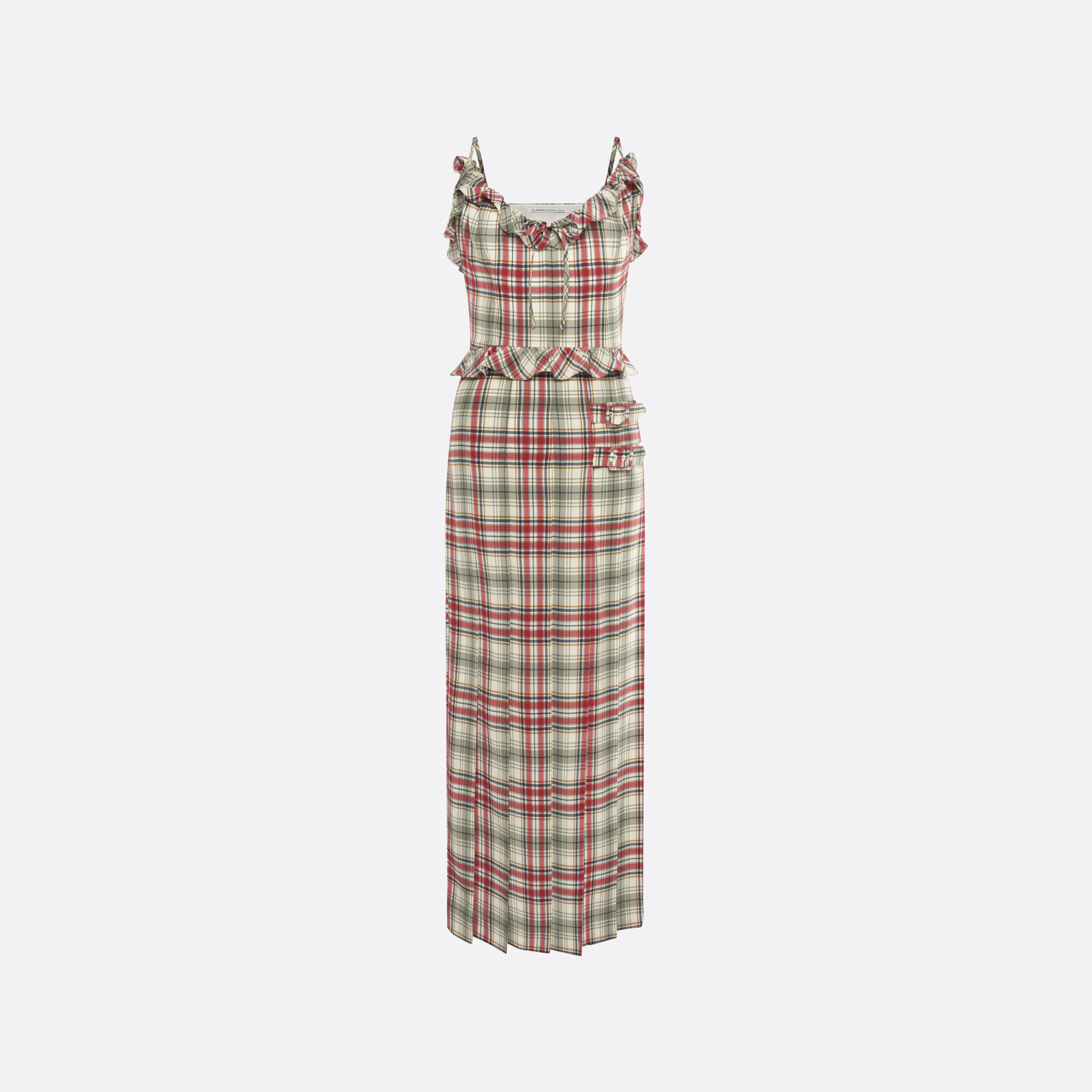 TARTAN-PRINT SILK MIDI DRESS WITH PLEATED SKIRT - 1