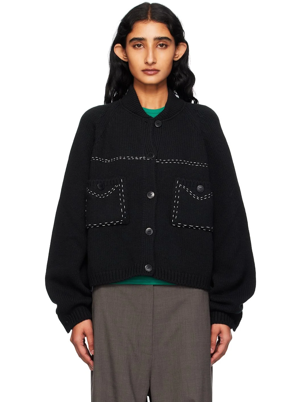 Black Merino Wool Stitched Cardigan - 1