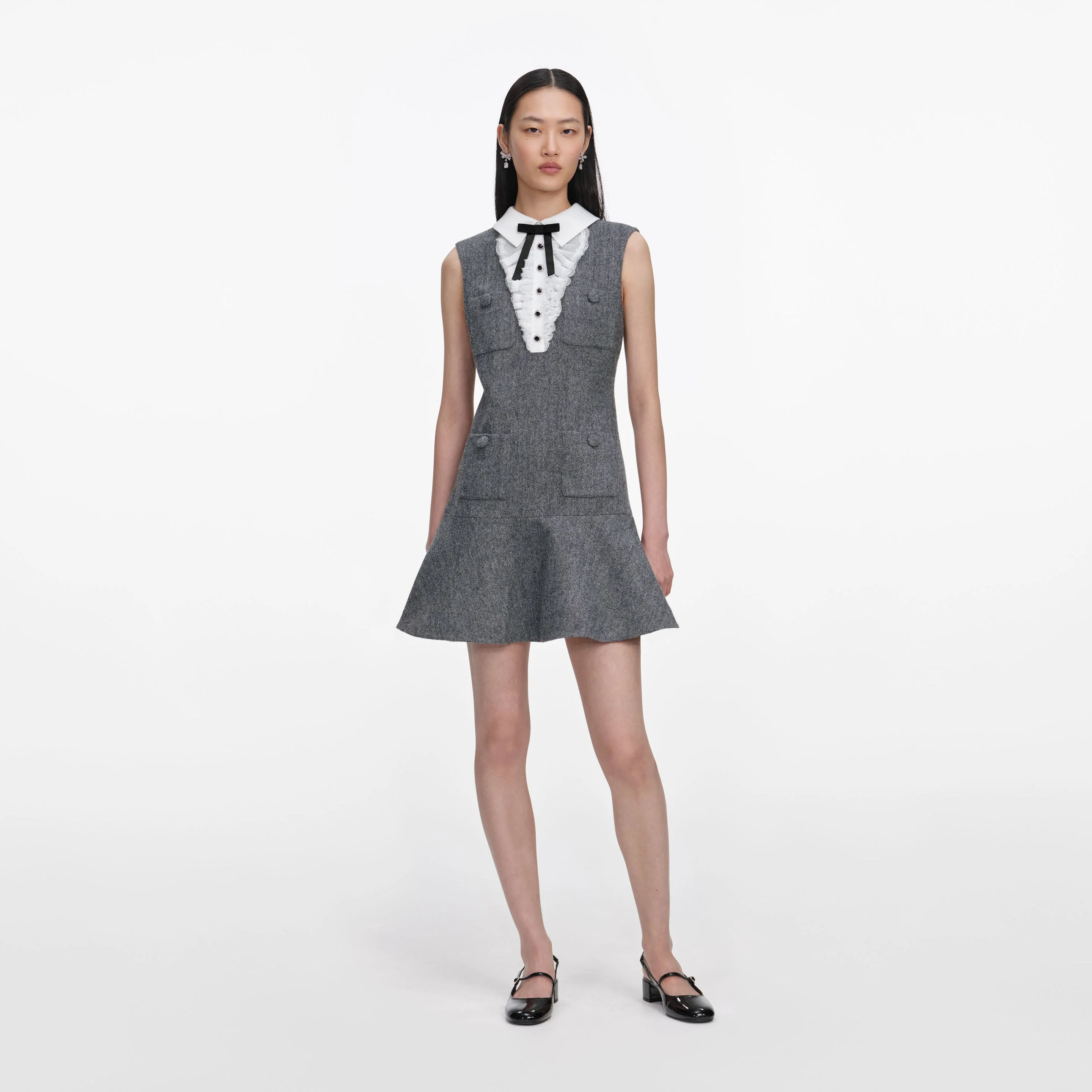 Grey Herringbone Lace Bib Mini Dress - 1