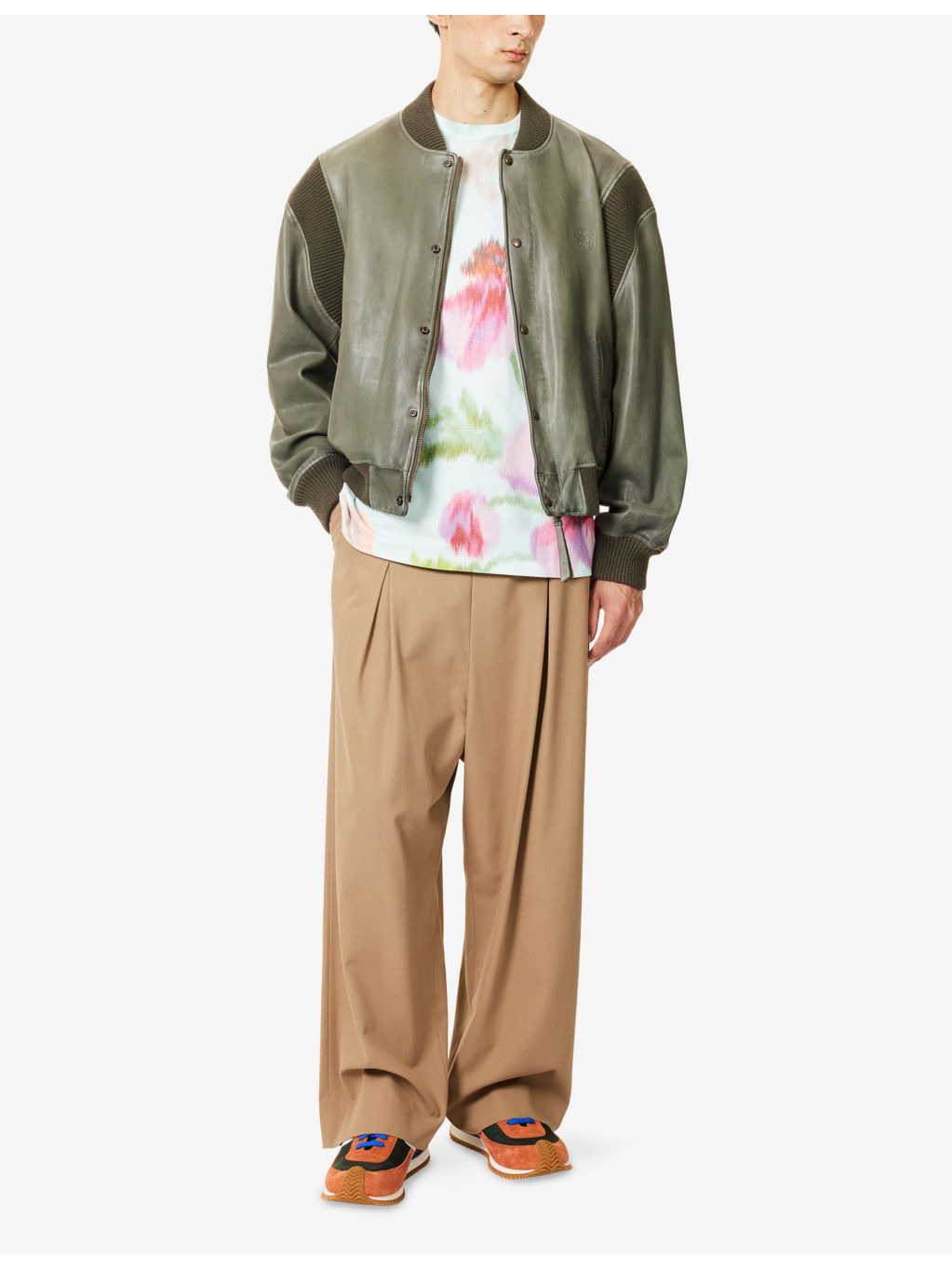 De-Bossed Logo Ribbed-Trims Leather Bomber Jacket - 2