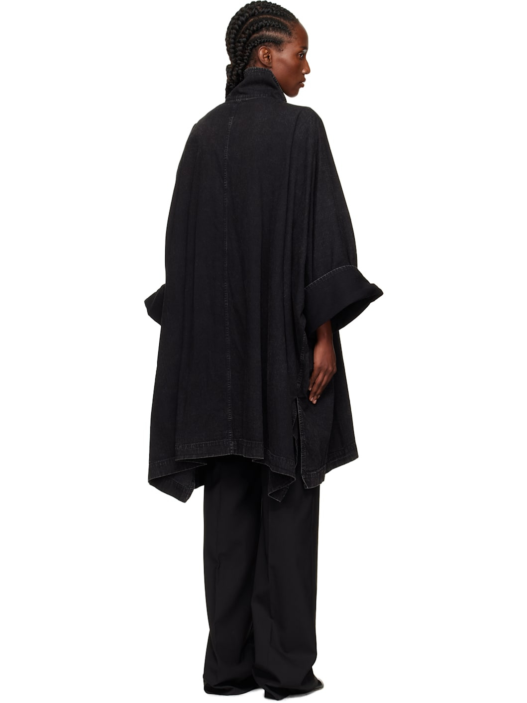 Black High Neck Denim Coat - 3