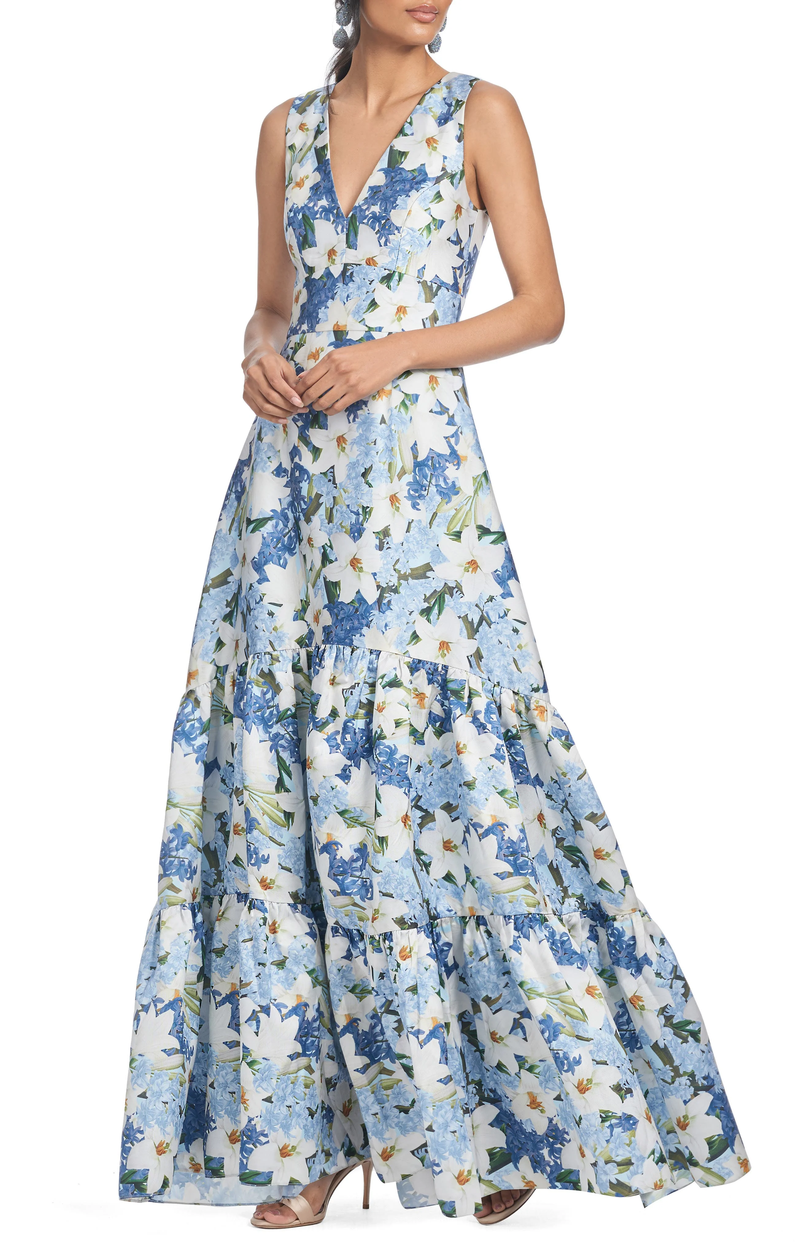 Sachin & Babi Rori Floral Sleeveless Tiered Mikado Gown in Sky Blue Star Lillies at Nordstrom - 1