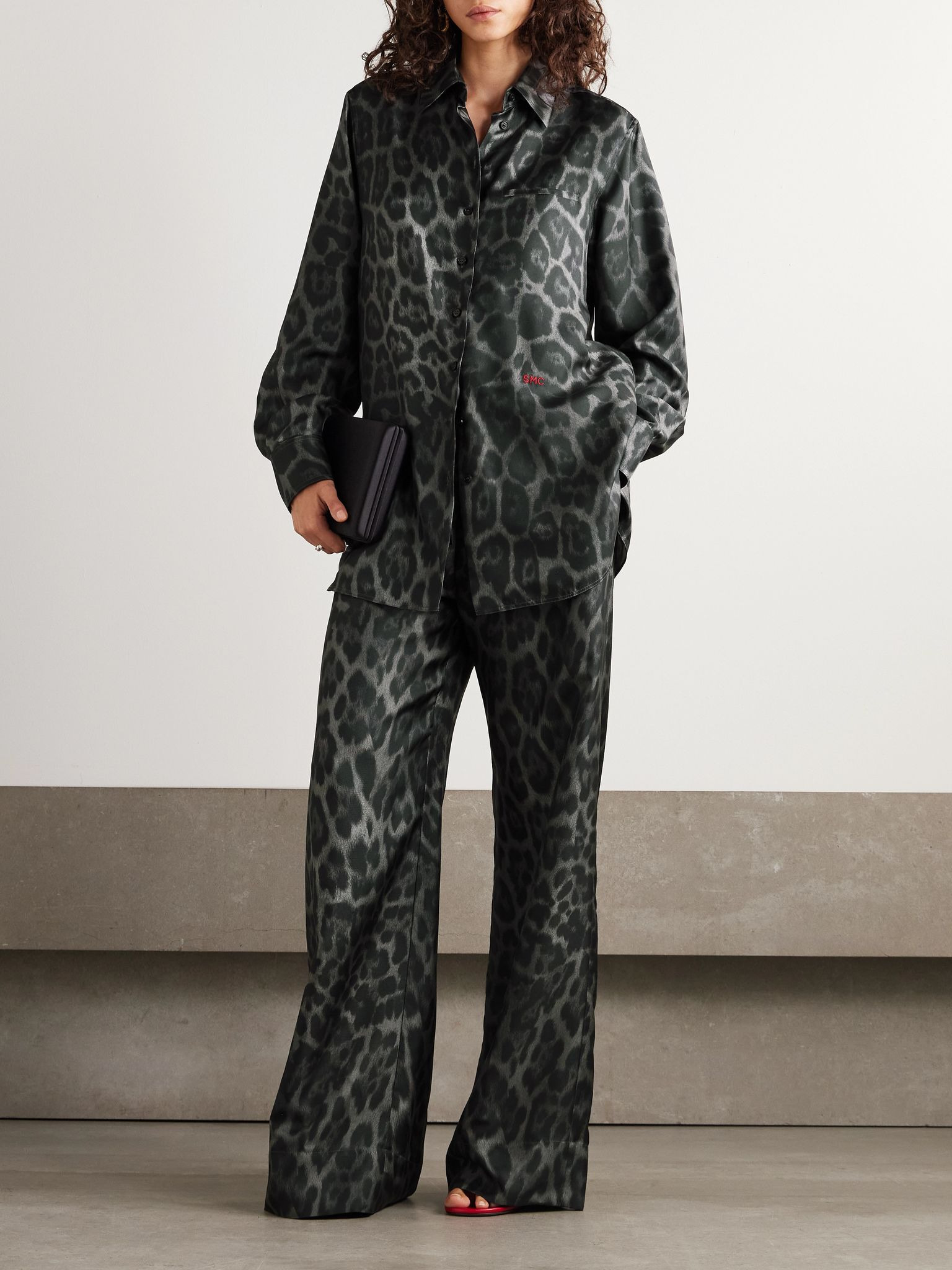 Leopard-print organic silk-satin wide-leg pants Dark gray - 2