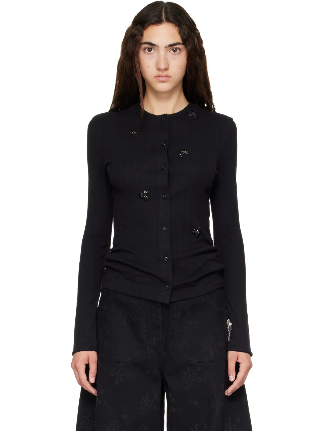 Black Turbo Embellished Pointelle Cardigan - 1
