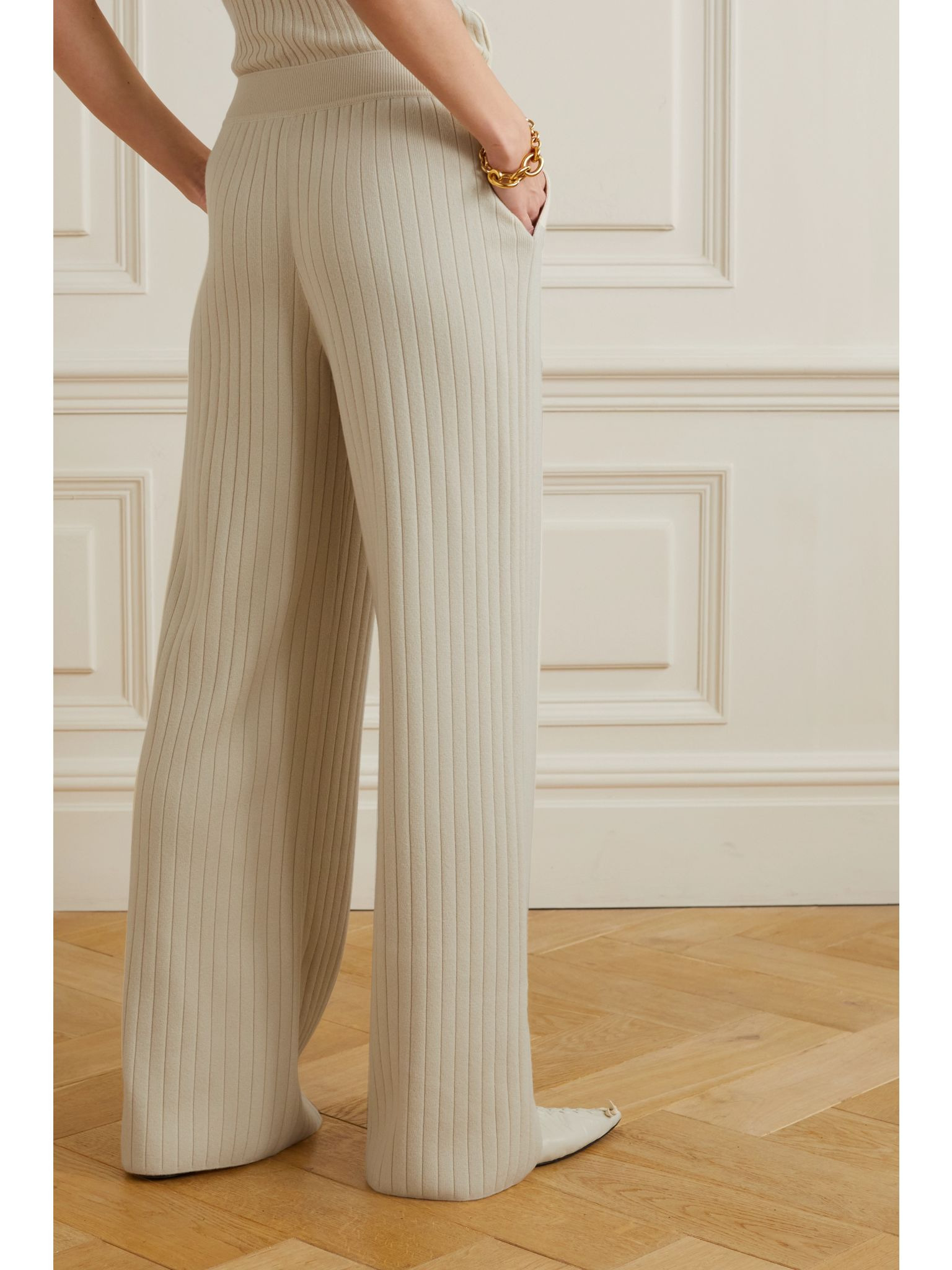Ribbed cashmere-blend track pants Cream - 3
