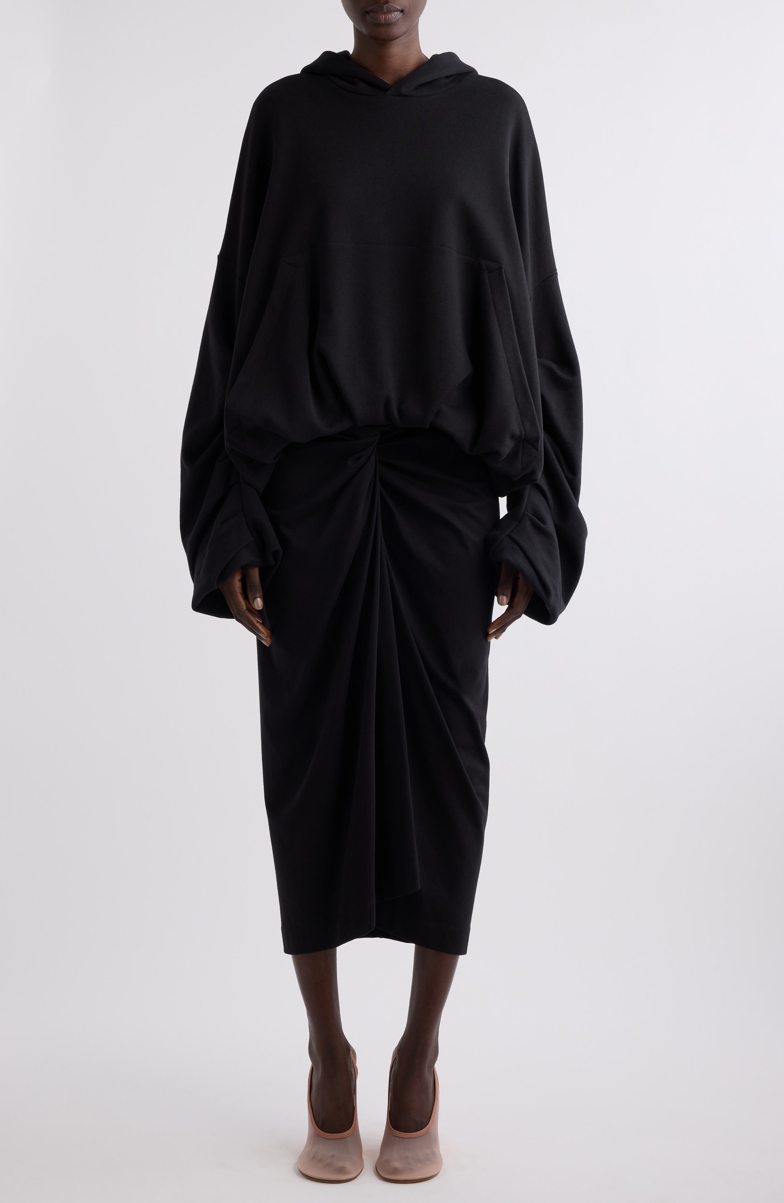 Dries Van Noten Knot Front Cotton Jersey Midi Skirt in Black at Nordstrom - 2