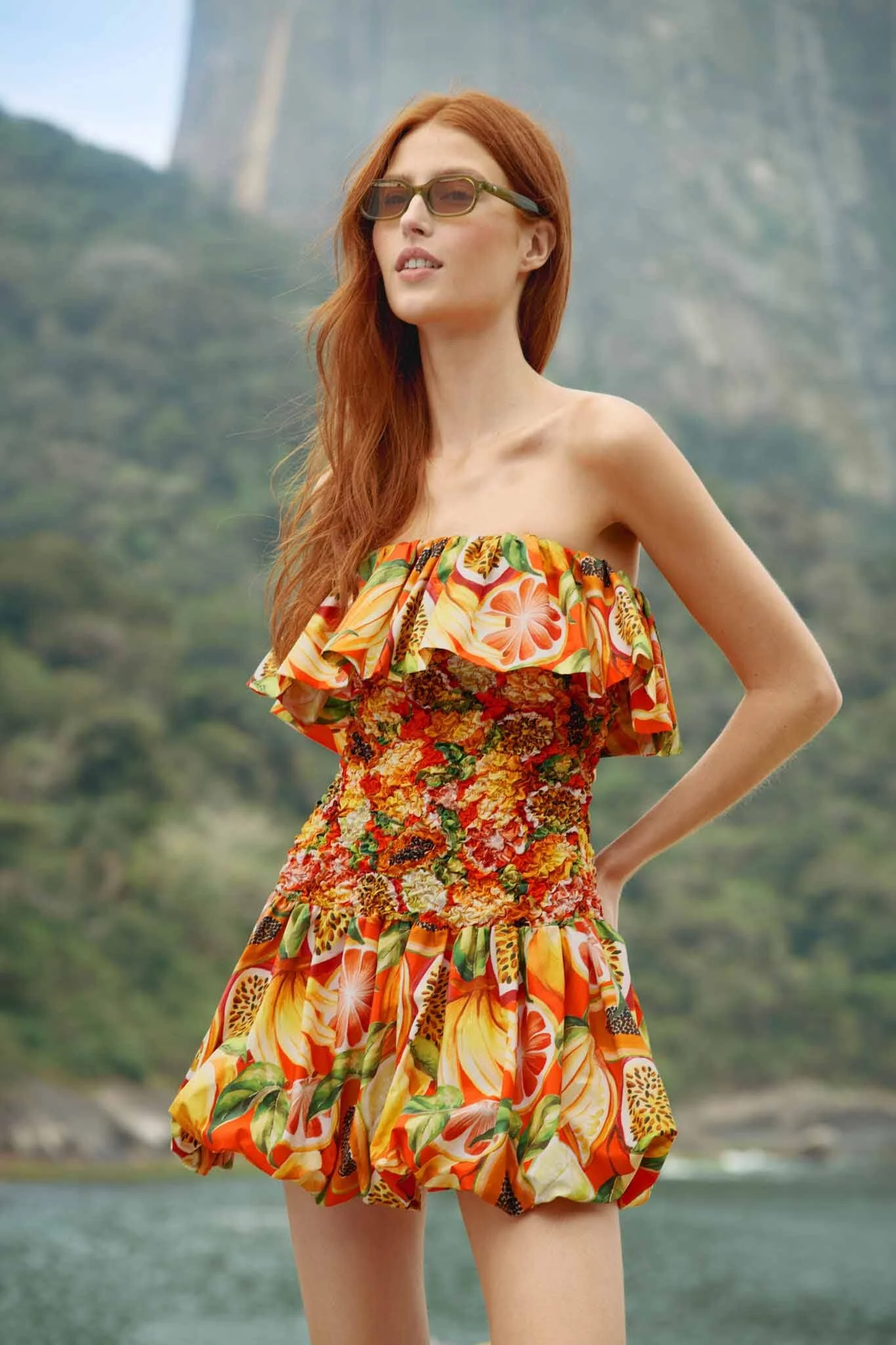 Multicolor Fruit Garden Red Smocked Balloon Mini Dress - 1