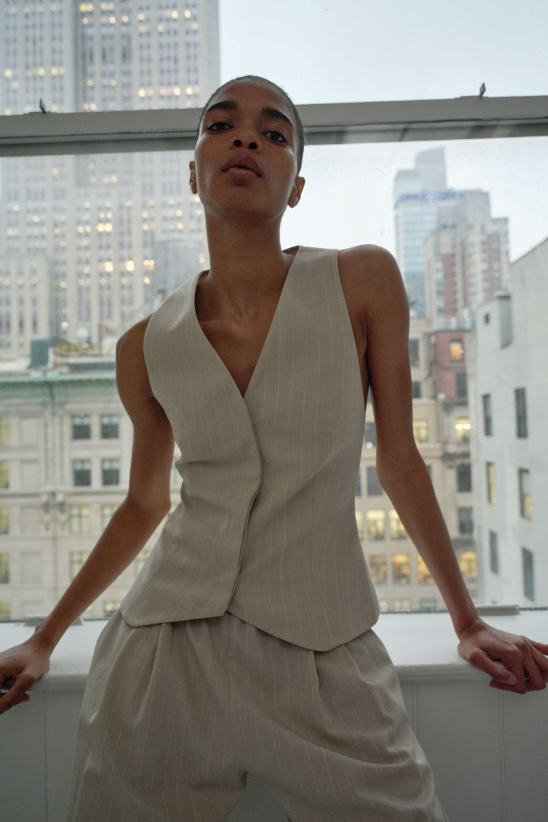 Pinstripe Wool Vest - Latte - 7