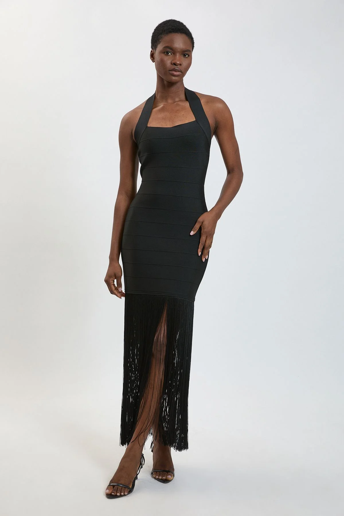 Figure Form Bandage Fringe Knit Halter Neck Midi Dress - 1