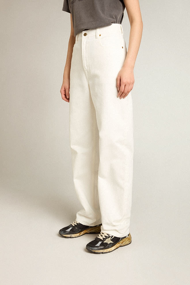 Women's optical white-colored cotton denim pants - 3