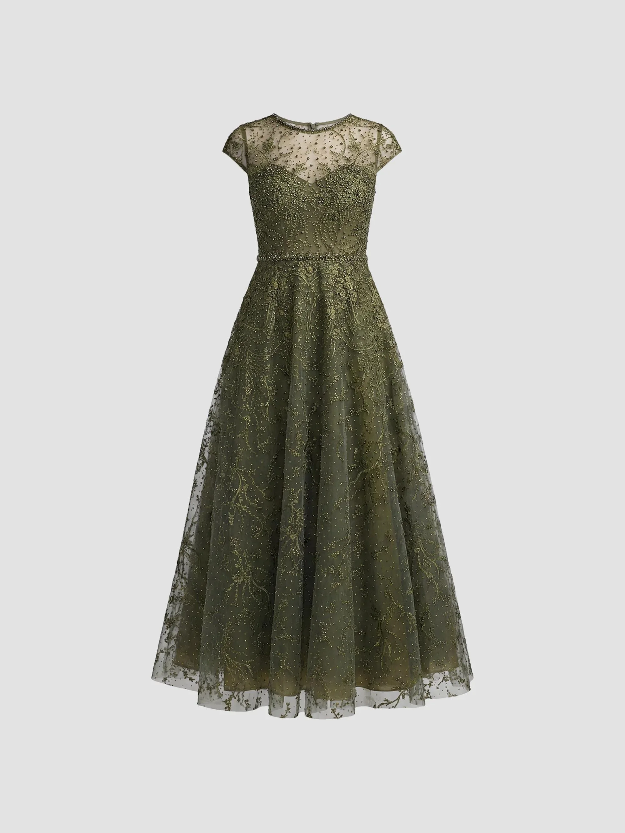 Women's Embellished Jewel Neck A-Line Cocktail Dress - Olive - 1