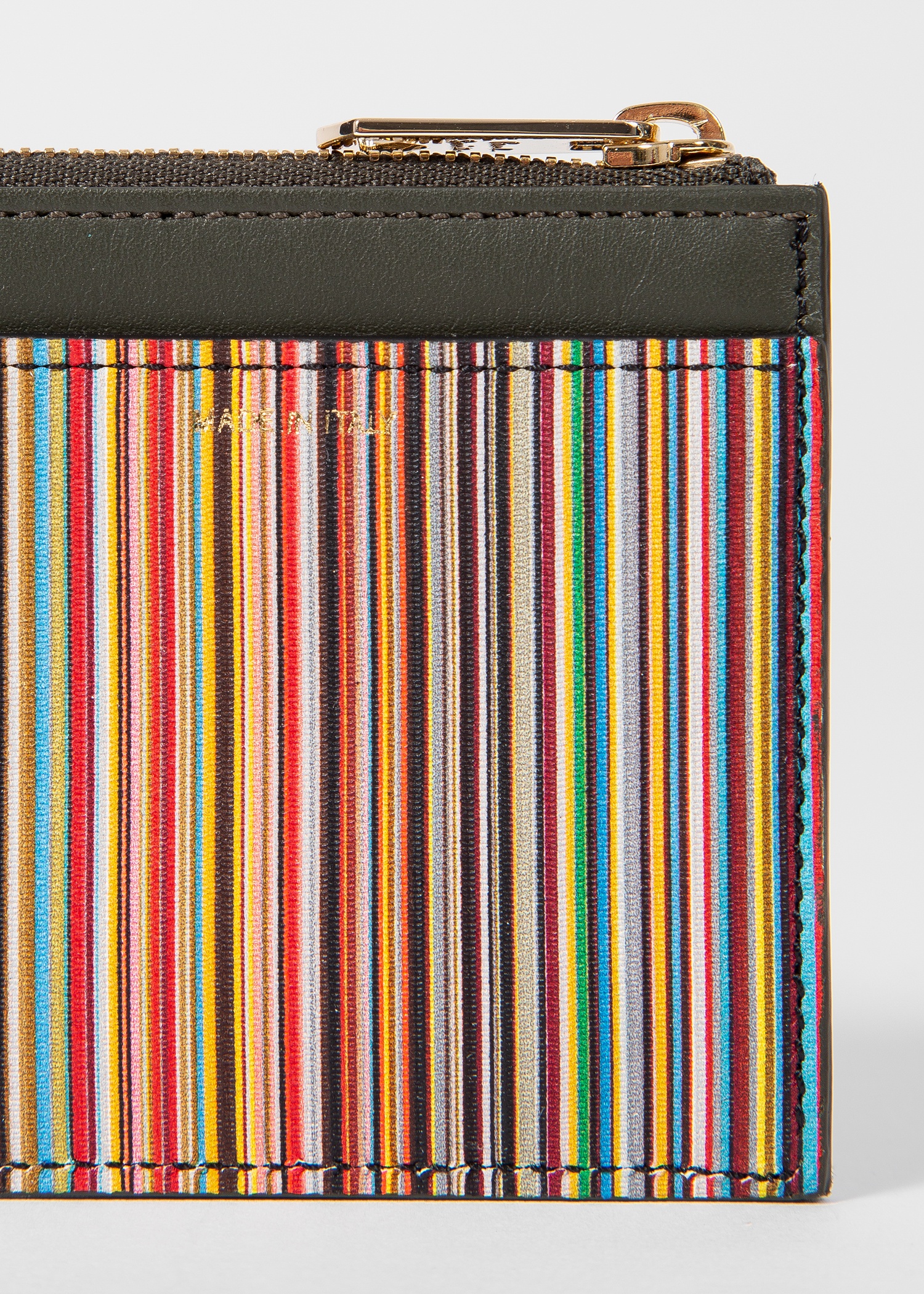 Khaki 'Signature Stripe' Leather Zip Pouch - 3