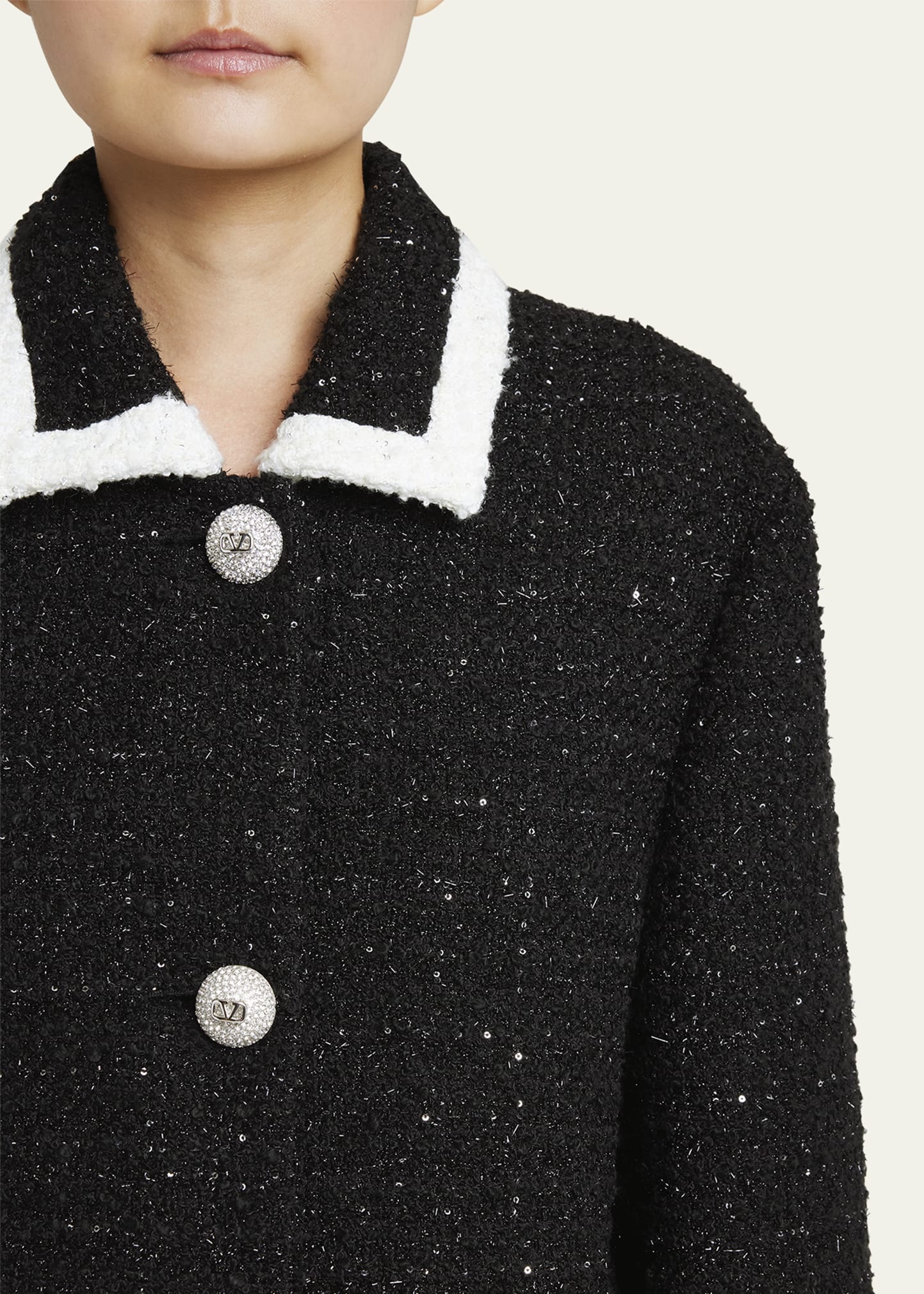 Metallic Tweed Contrast-Trim Collared Blazer Jacket - 5