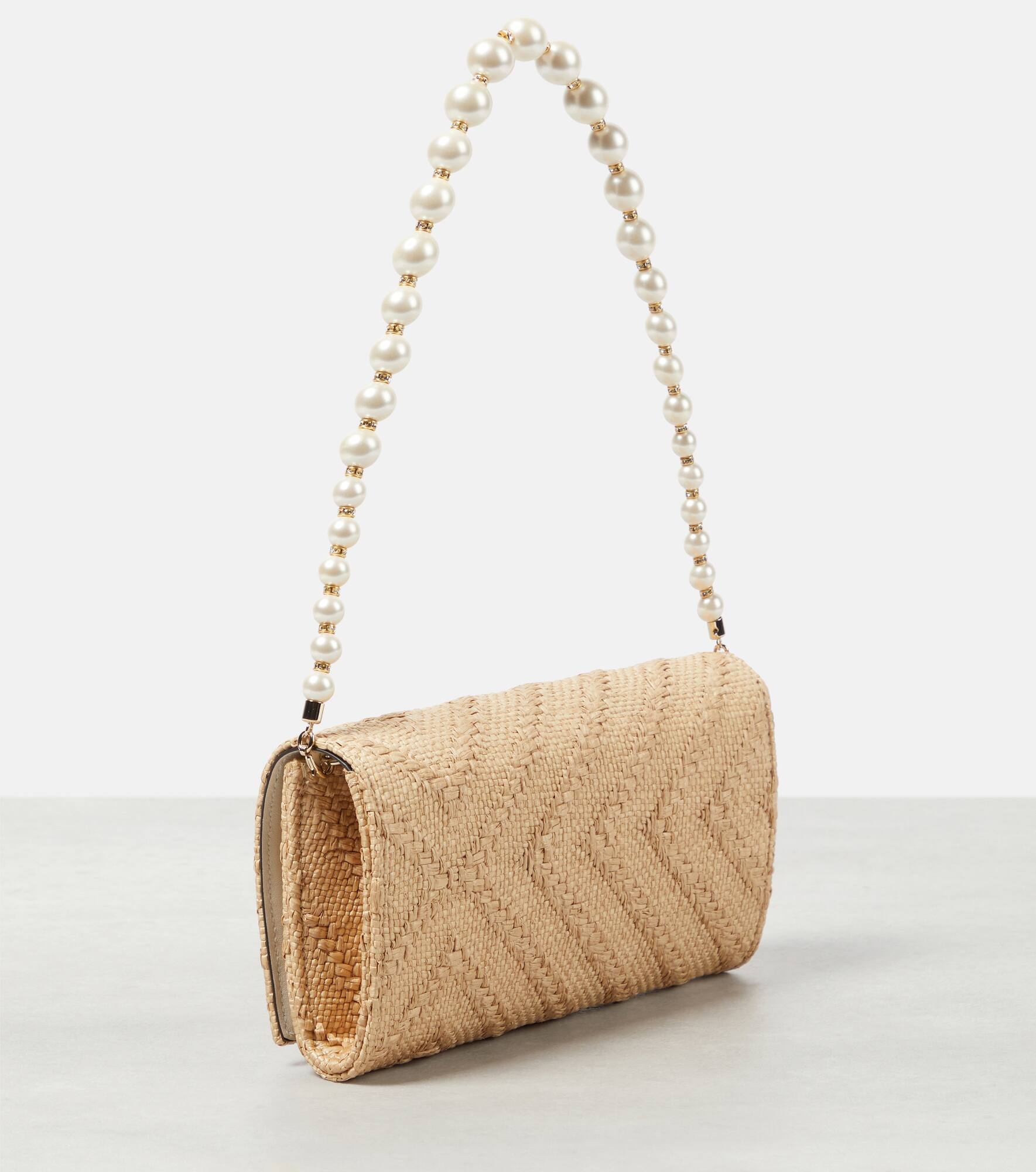 Avenue pearl-trimmed raffia wallet on chain - 4