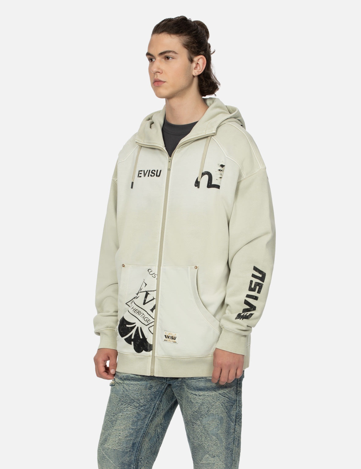 Multi Logos Print Loose Fit Washed Zip-Up Hoodie - 5
