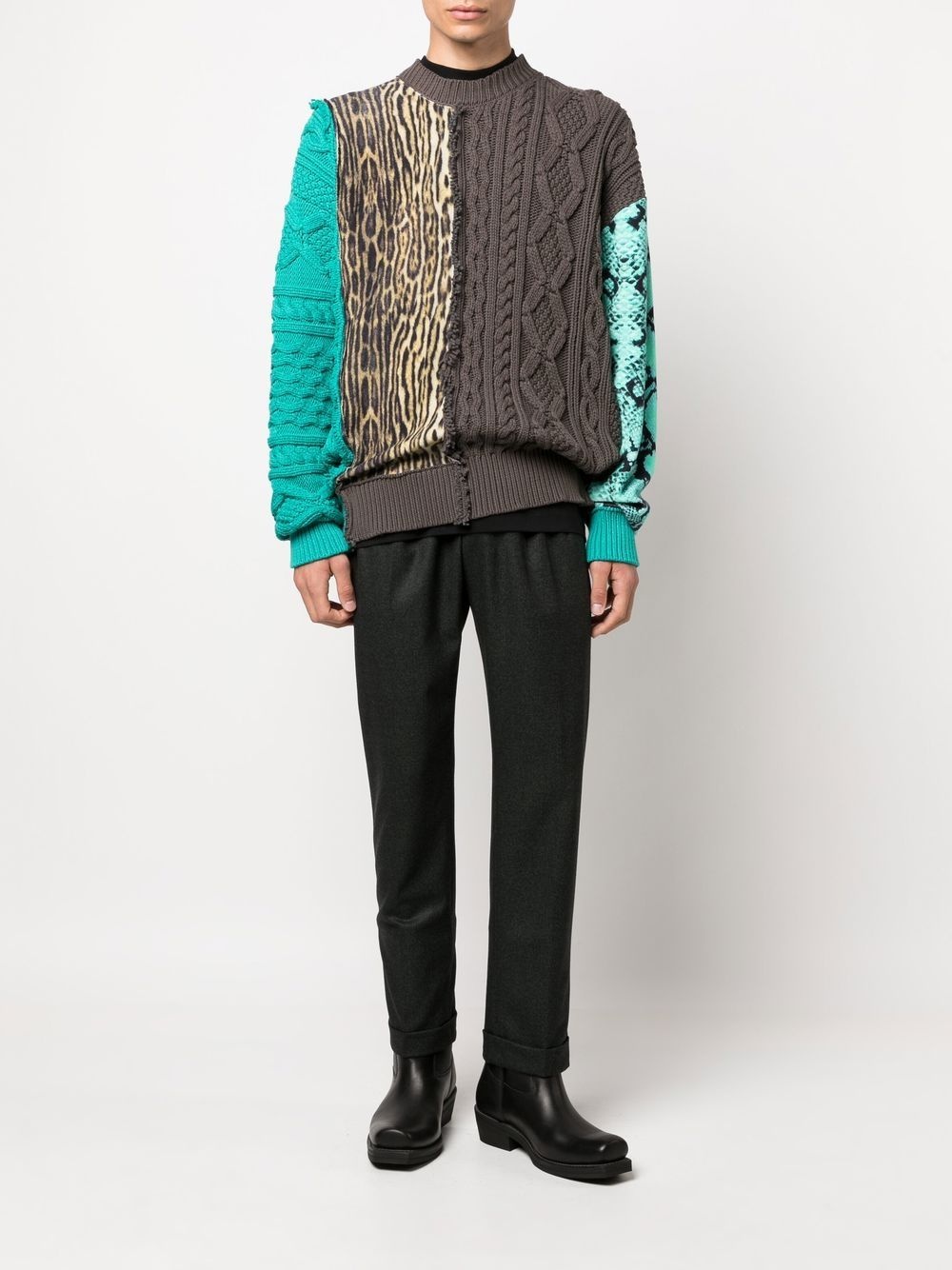 patchwork-detail crew neck jumper - 2