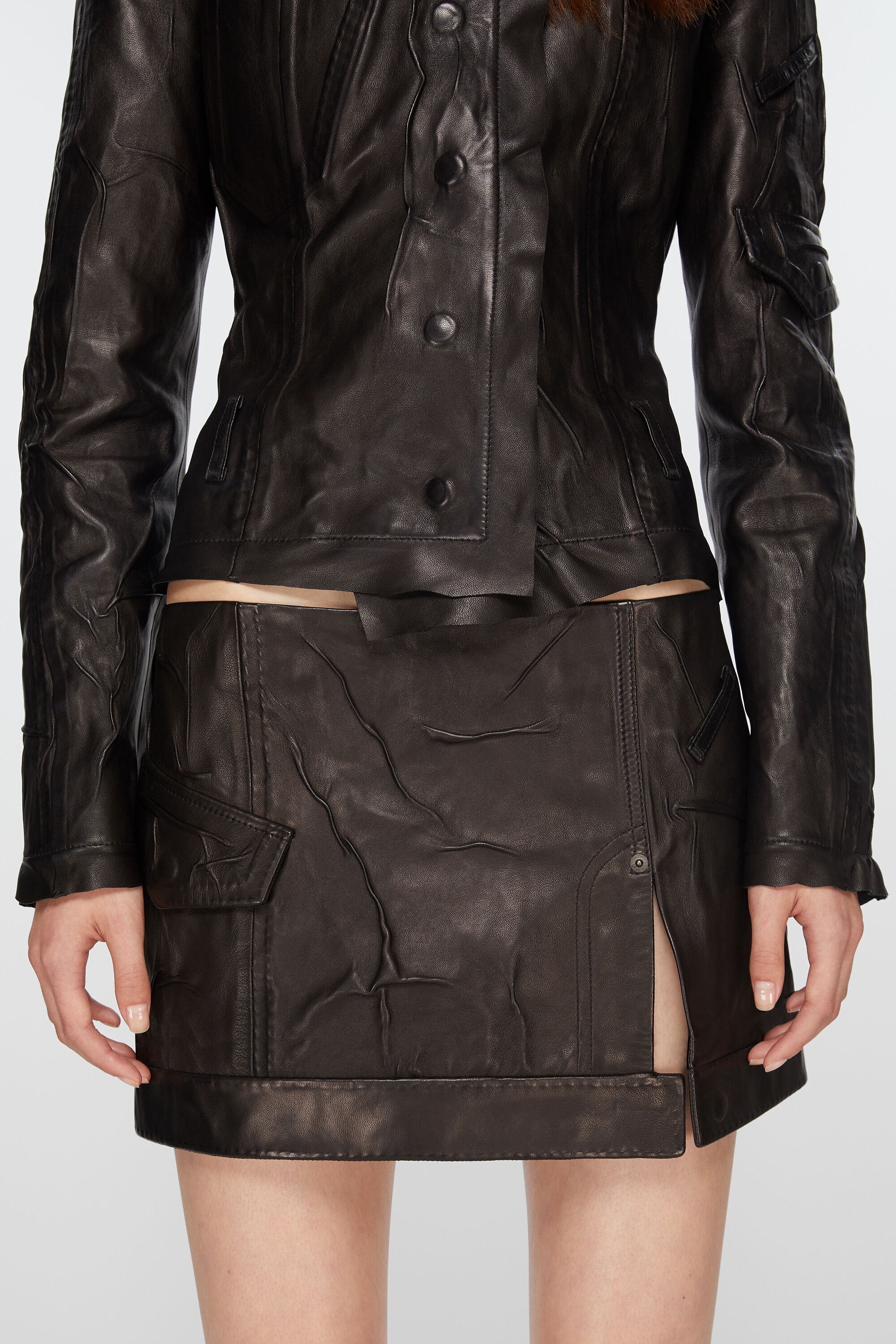 Creased leather mini skirt - Black - 5