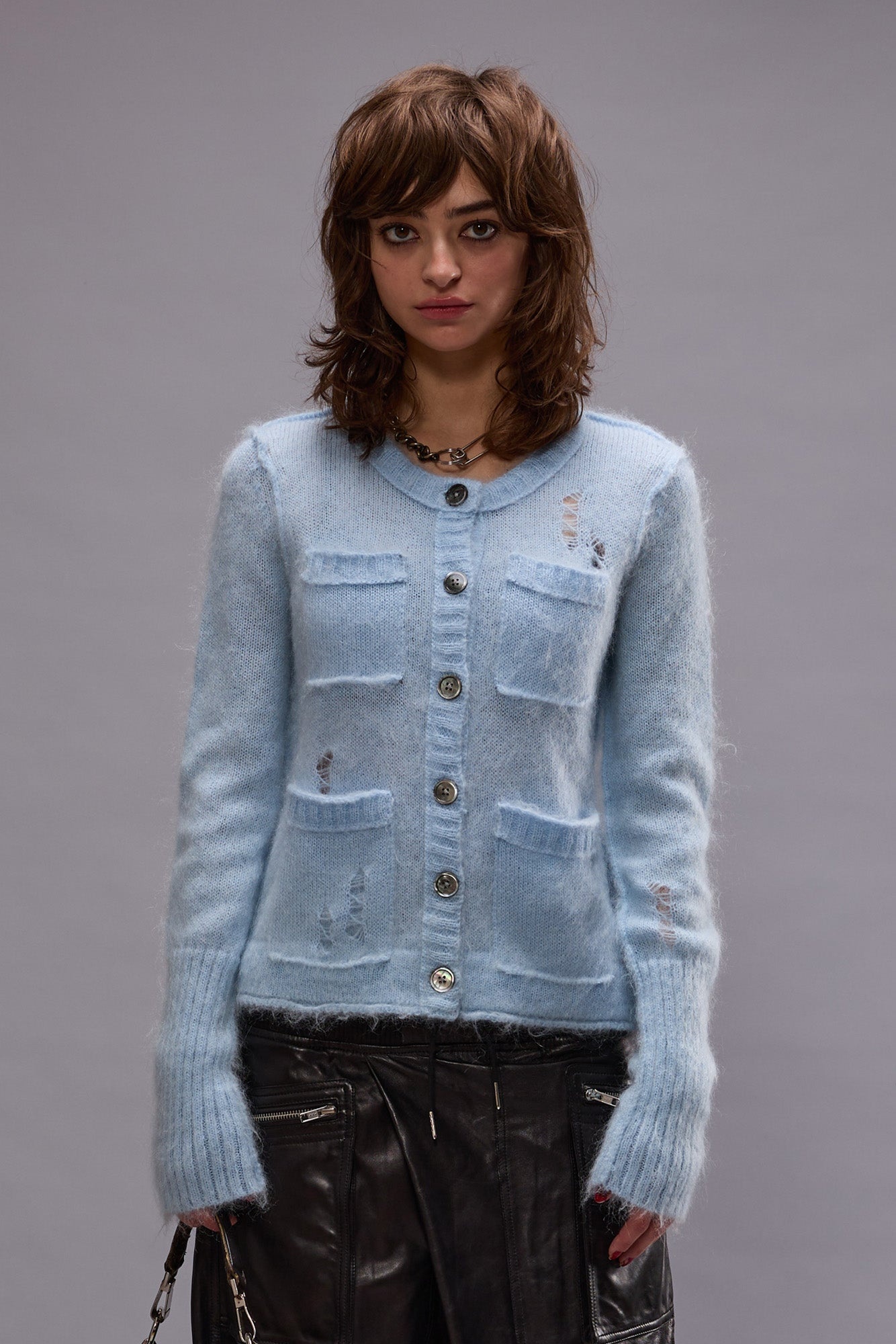 ELONGATED SHRUNKEN CREWNECK CARDIGAN - LIGHT BLUE - 2