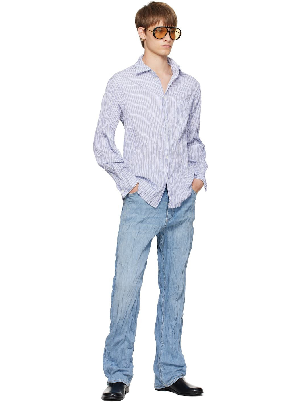 White & Navy Crushed Cotton Striped Shirt - 4