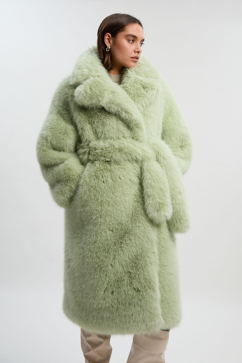 KAREN MILLEN Petite Textured Faux Fur Belted Long Full collar Coat outlook