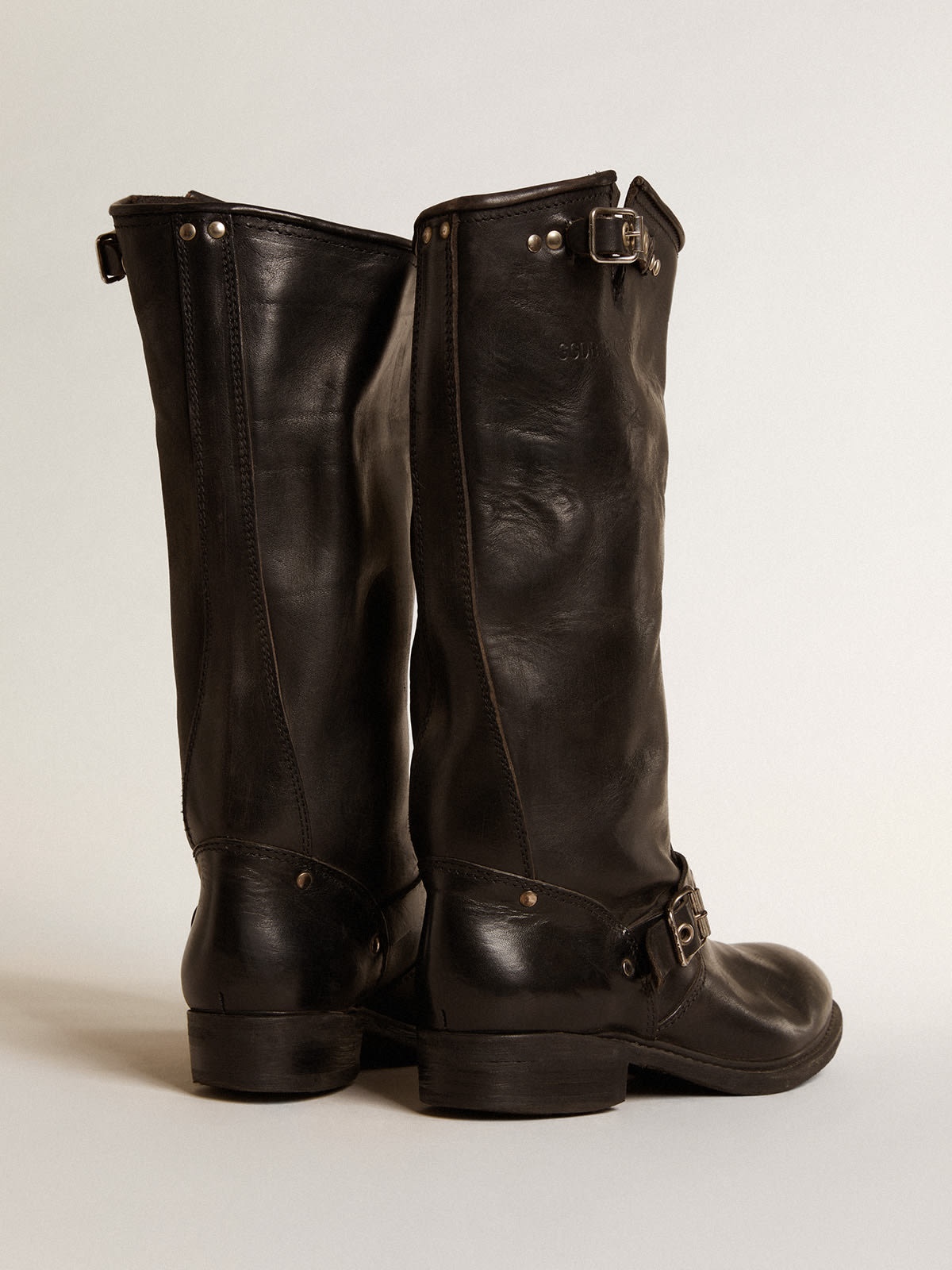 High Biker boots in black leather with silver studs and buckles - 4
