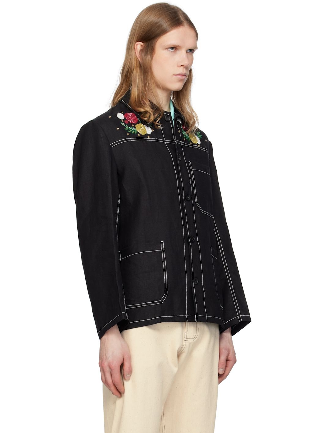 Black Beadwork Double Stitch Jacket - 2