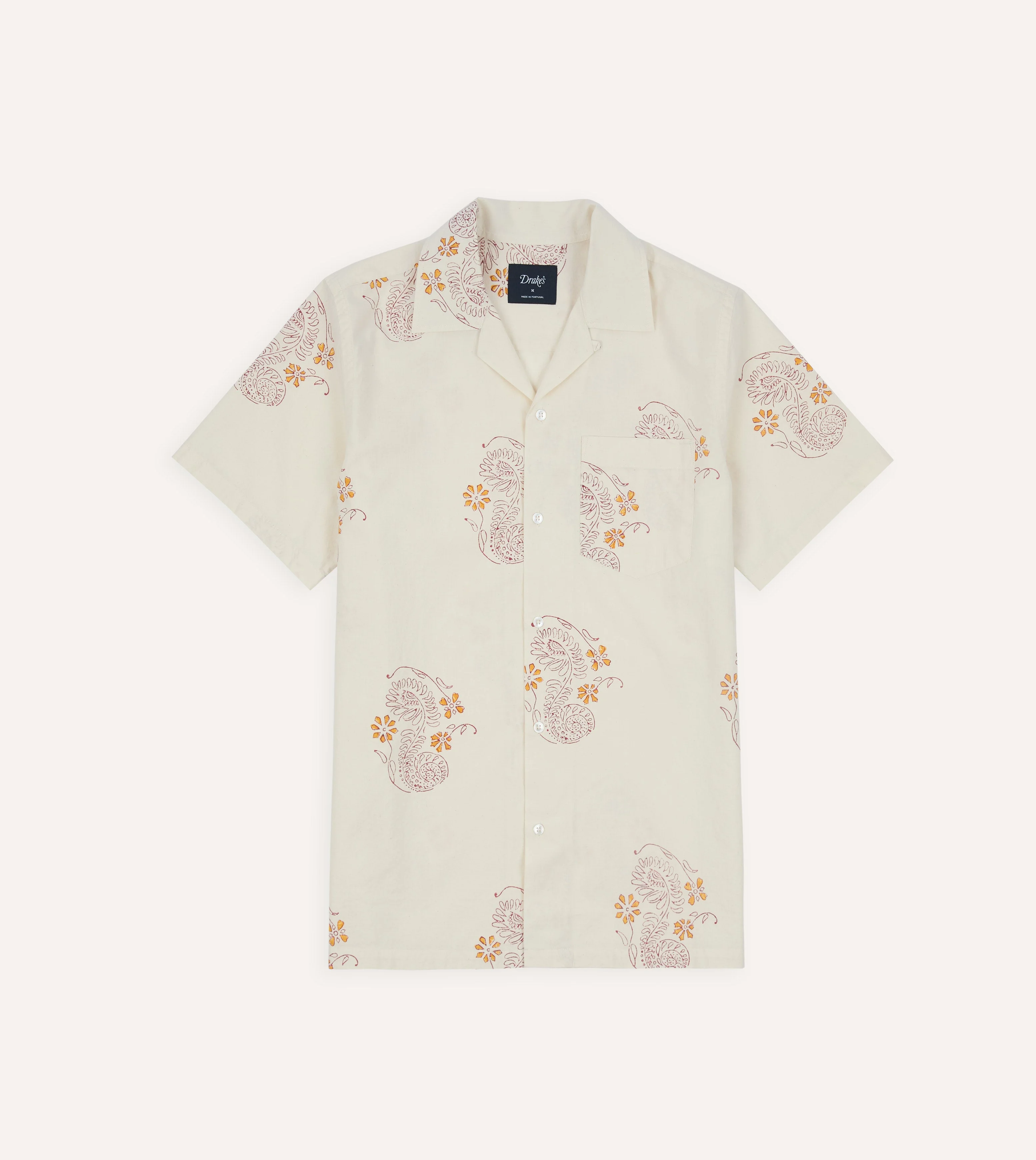 Ecru Floral Block Print Cotton Camp Collar Short Sleeve Shirt - 1