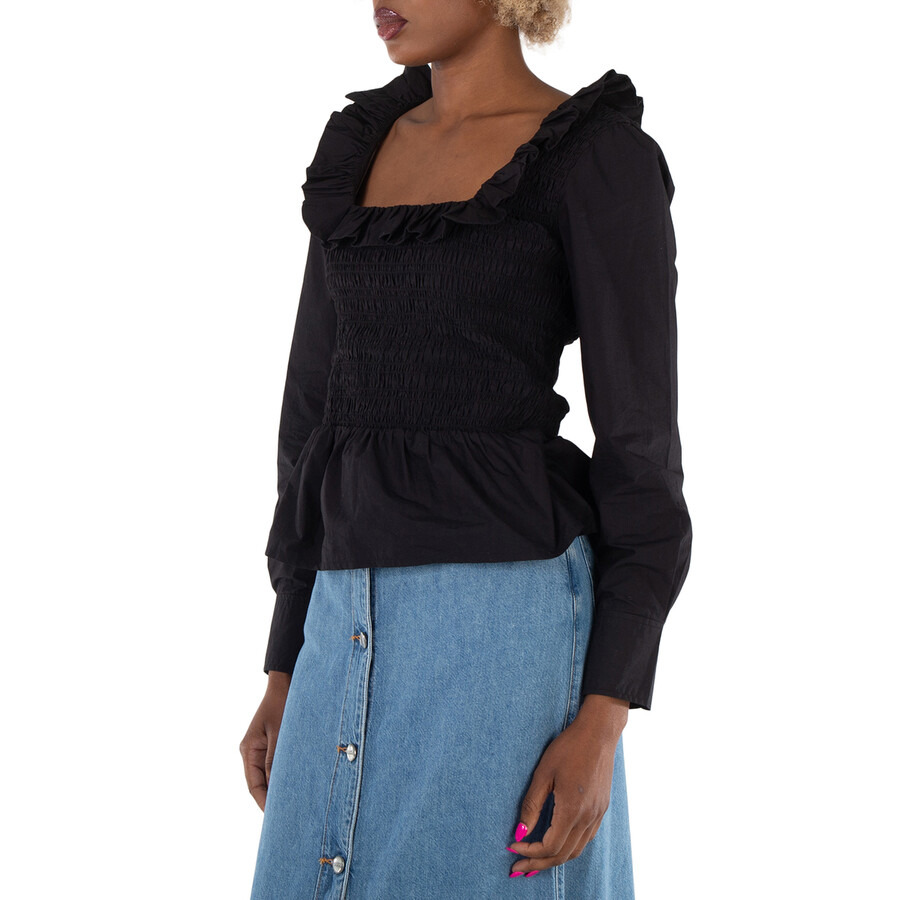 Ganni Black Cotton Poplin Ruffled Smock Blouse - 2