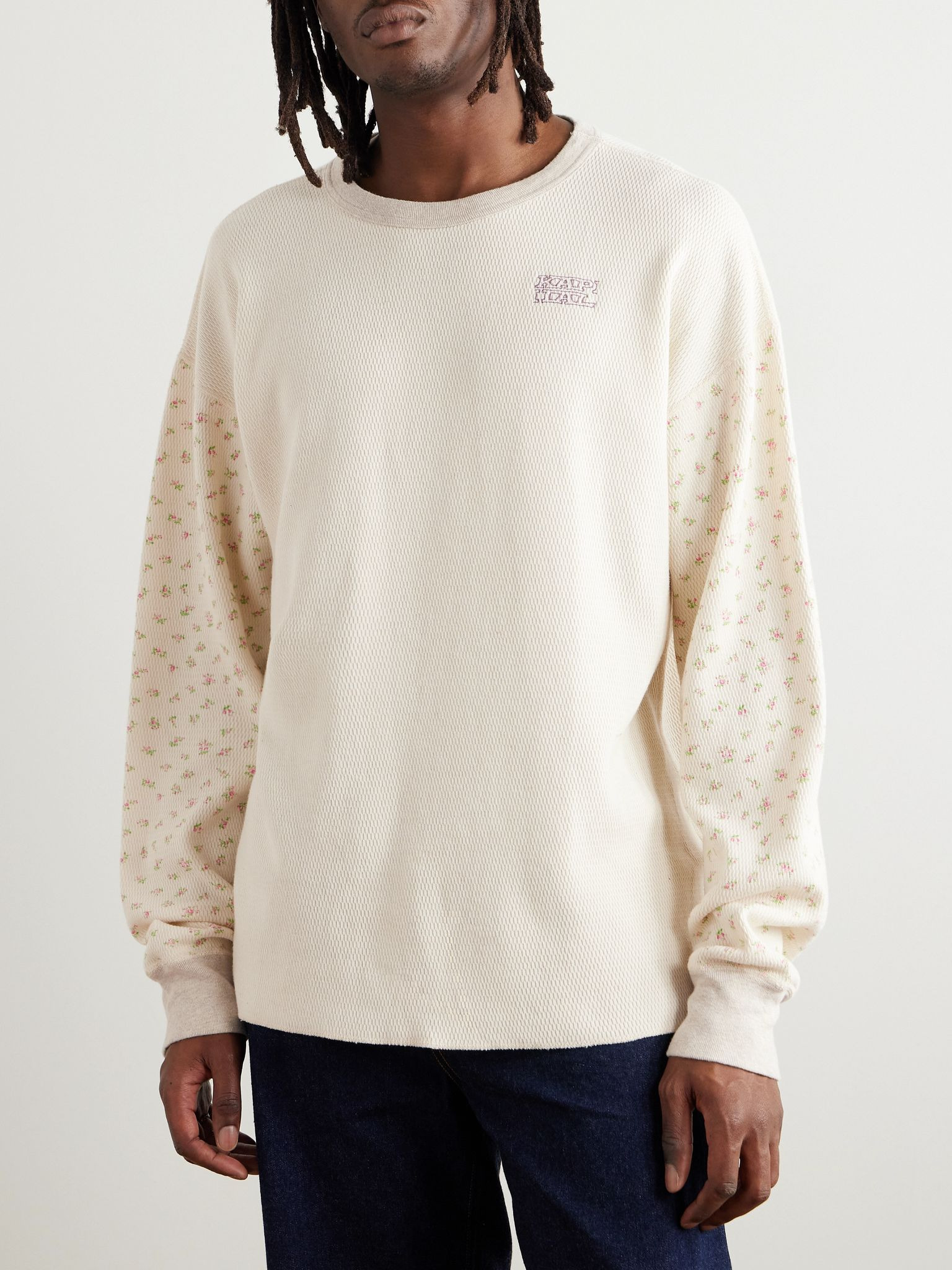 Logo-Embroidered Printed Waffle-Knit Cotton-Jersey T-Shirt Off-white - 3