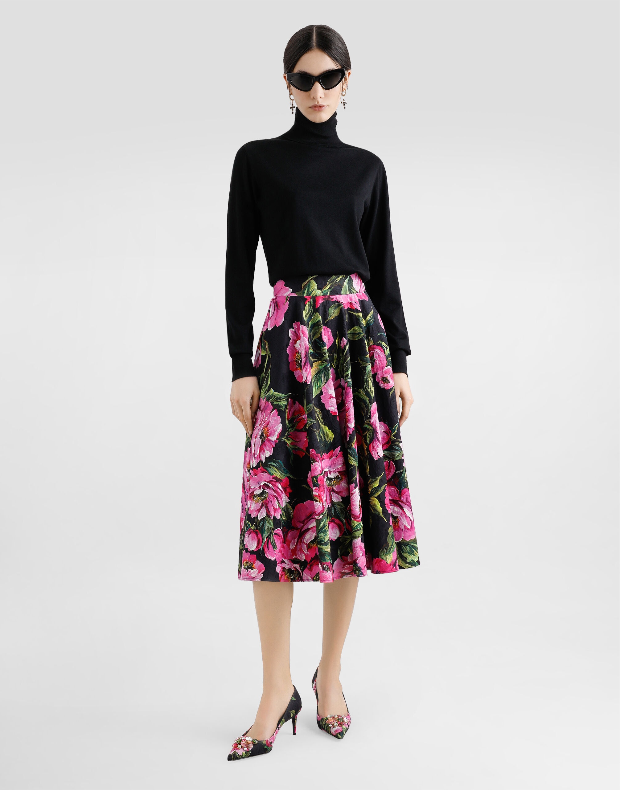 Cotton calf-length circle skirt with peony print - 2