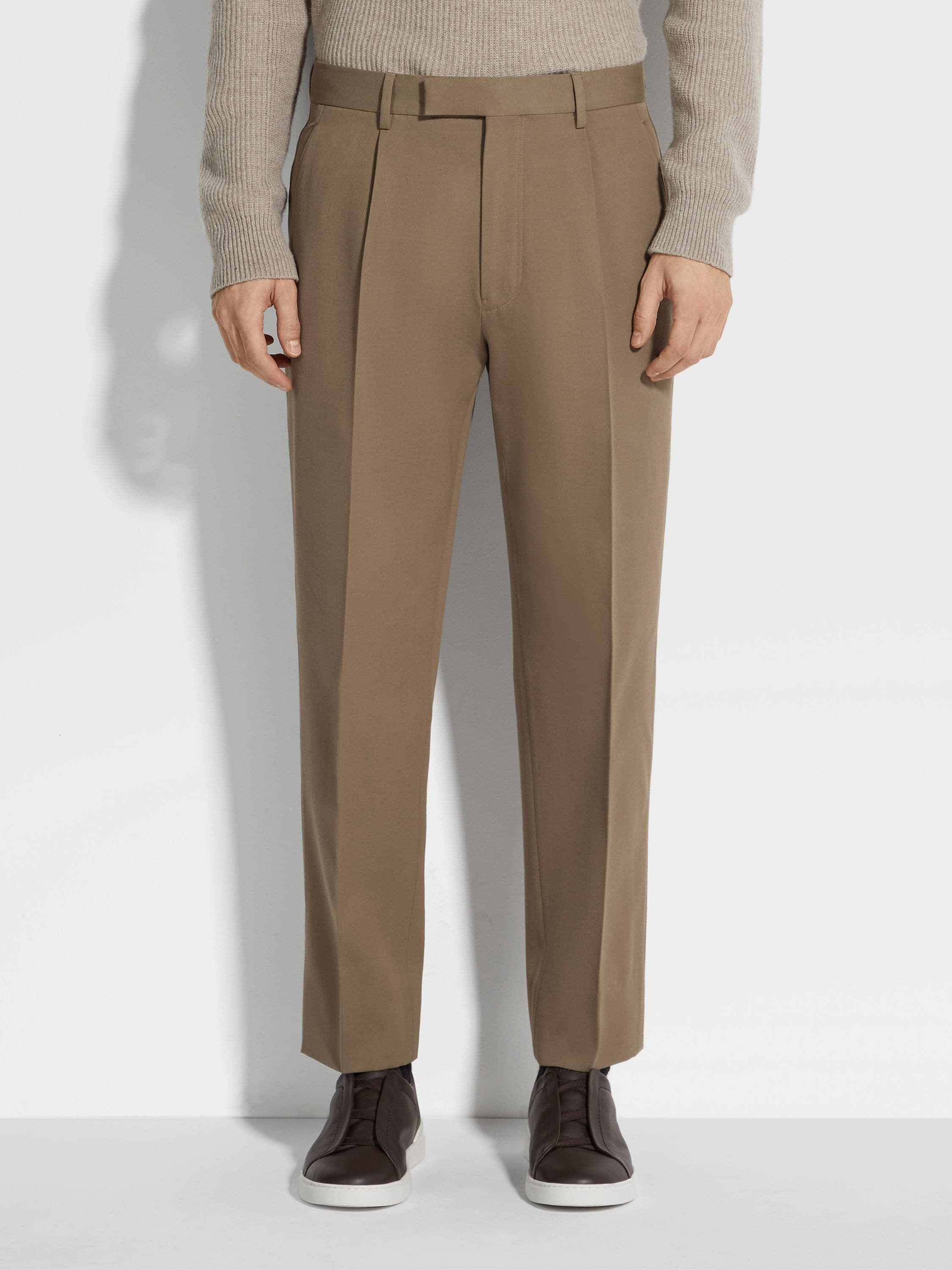 KHAKI COTTON AND WOOL PANTS - 5