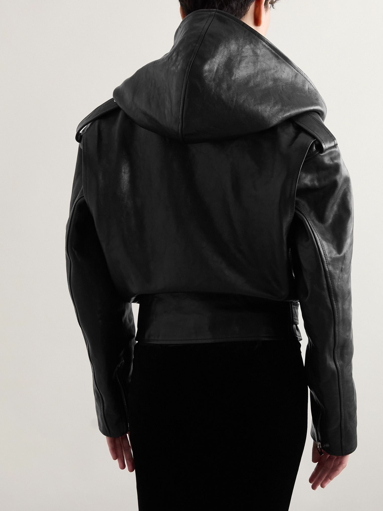 Hooded leather biker jacket Black - 4