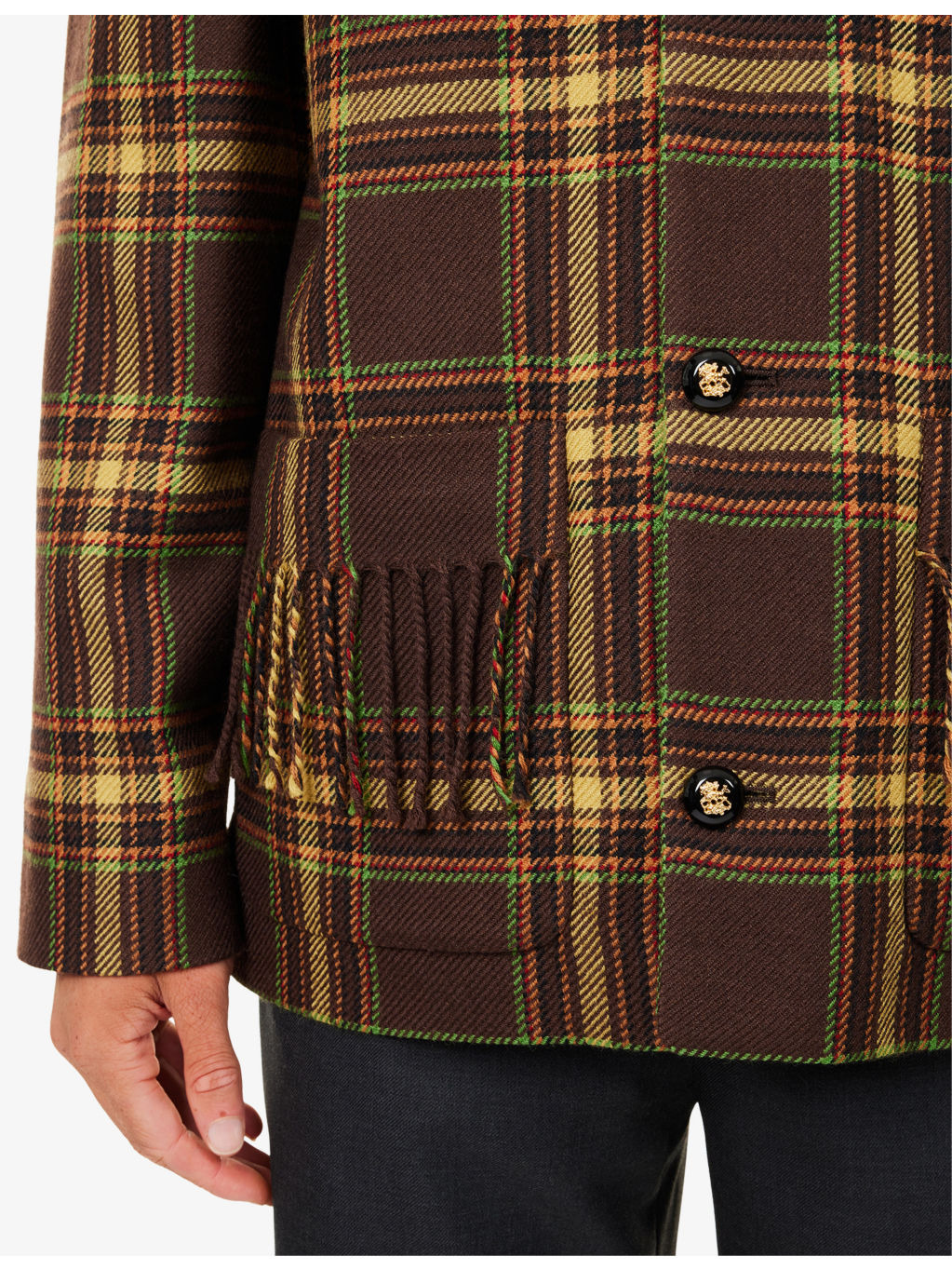 Check-Print Fringed Wool Jacket - 6