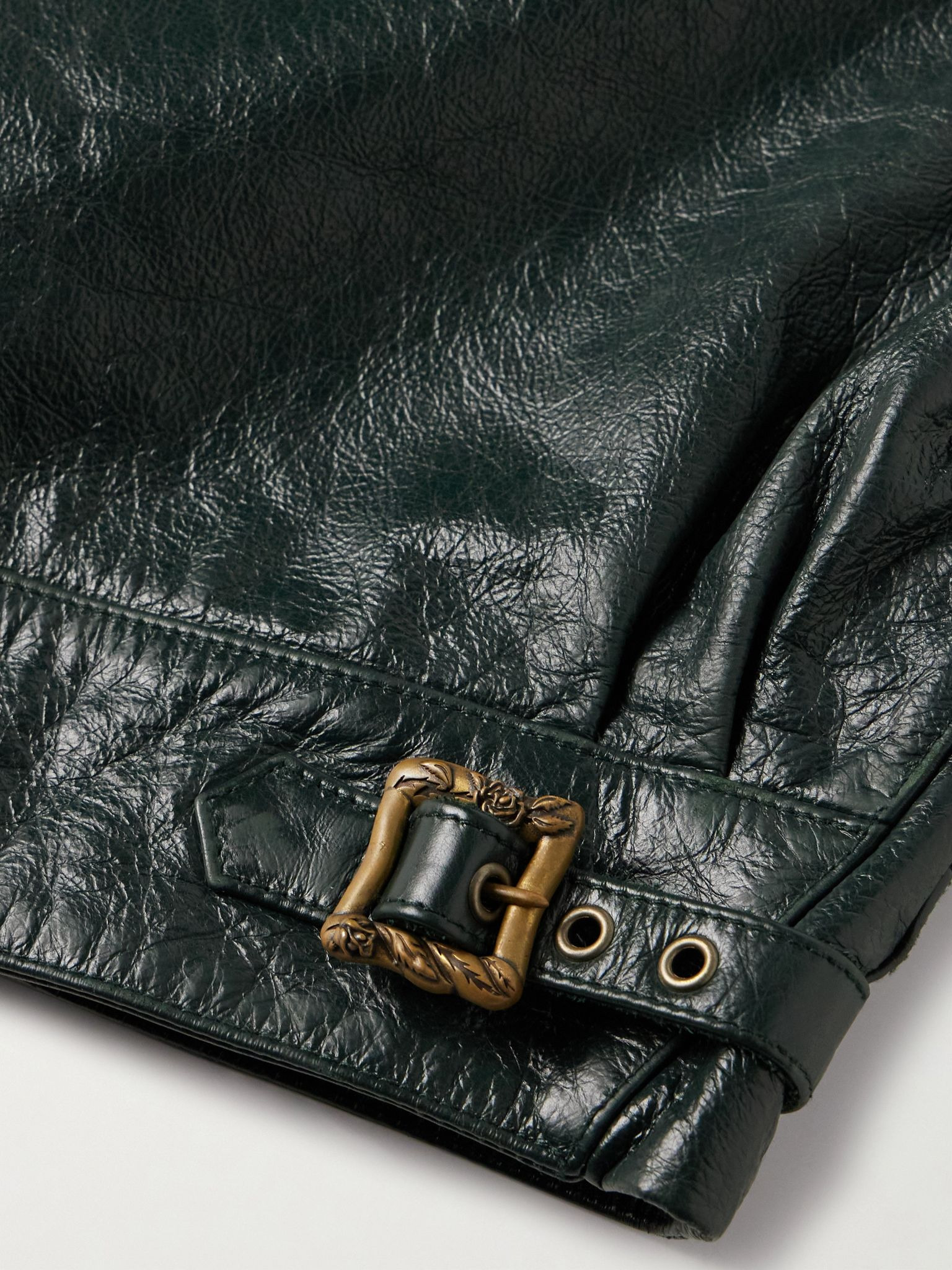 Scorpio Rising Cropped Textured-Leather Jacket Dark green - 4