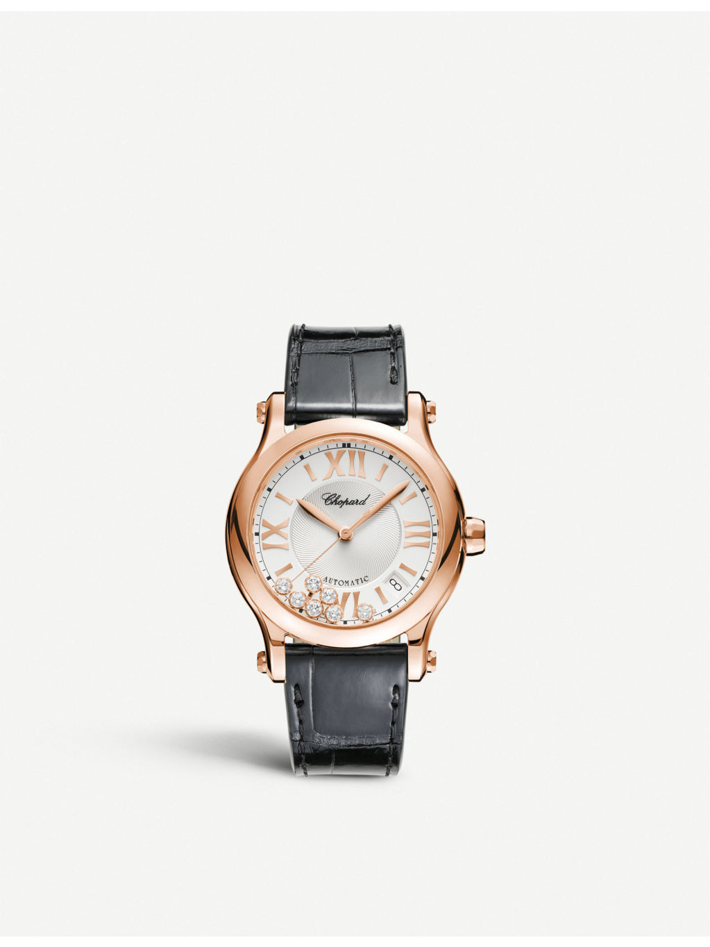 Happy Sport medium 18ct rose-gold diamond and alligator-embossed leather automatic watch - 1