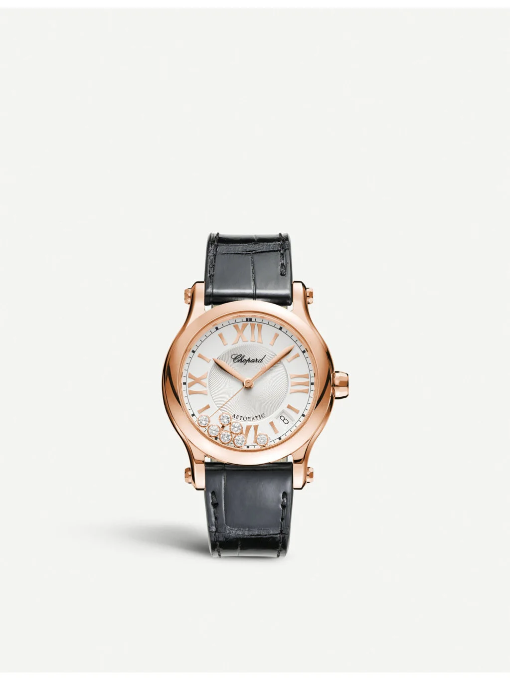 Happy Sport medium 18ct rose-gold diamond and alligator-embossed leather automatic watch - 1