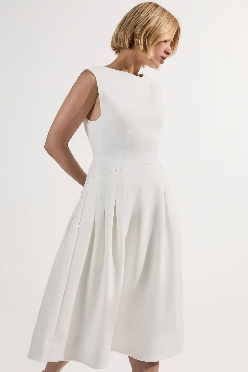 Compact Stretch Open Back Full Skirted Tailored Midi Dress - 1