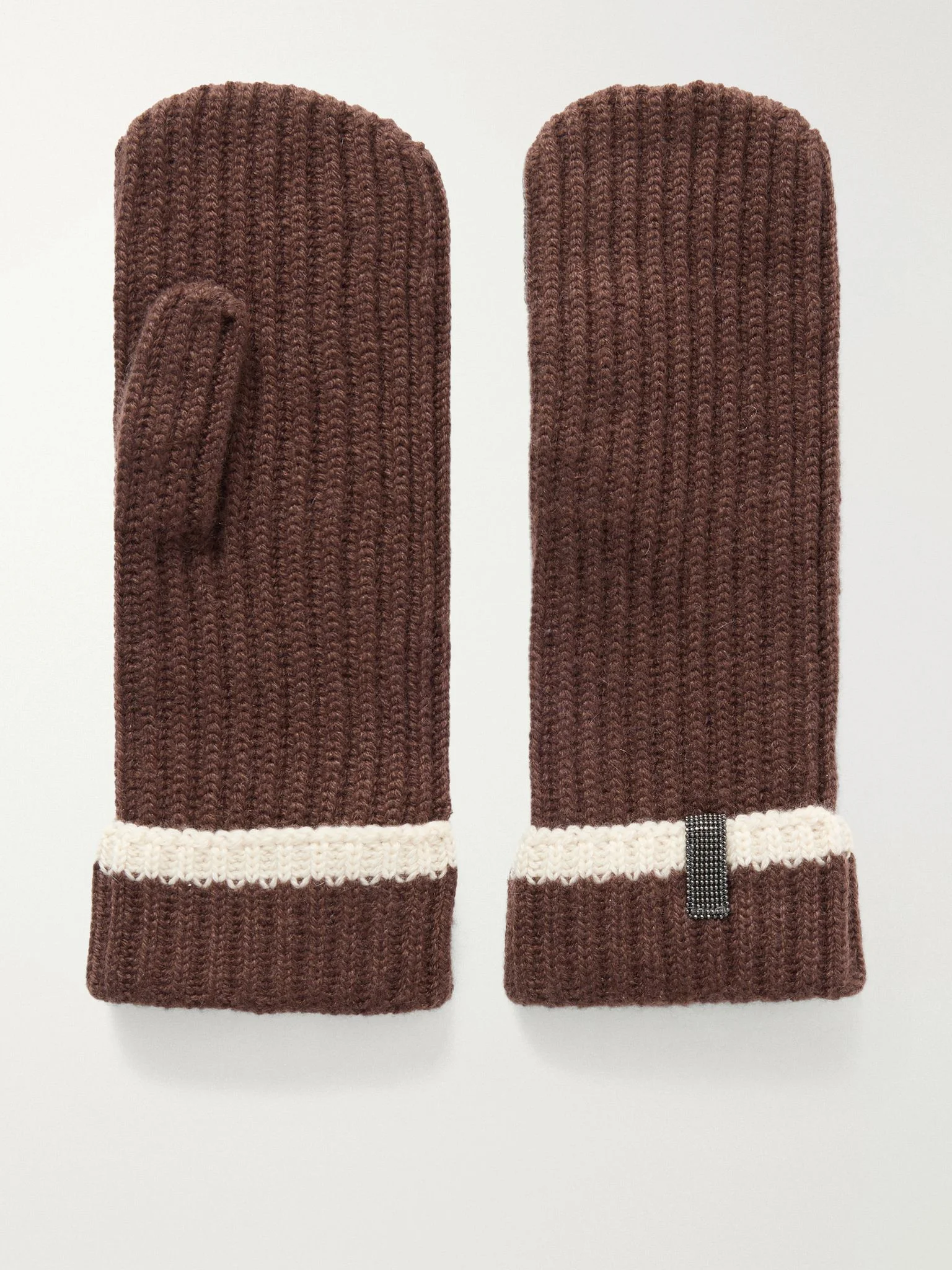 Bead-embellished striped ribbed cashmere mittens Brown - 1