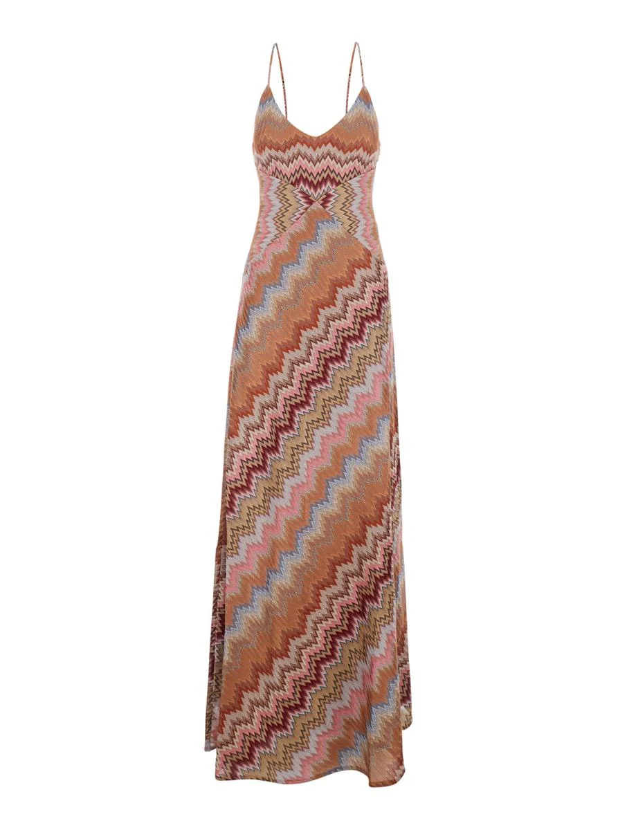 Missoni Multicolor Long Dress With Crossed Shoulder Straps And All-Over Zigzag Motif In Viscose Woma - 1