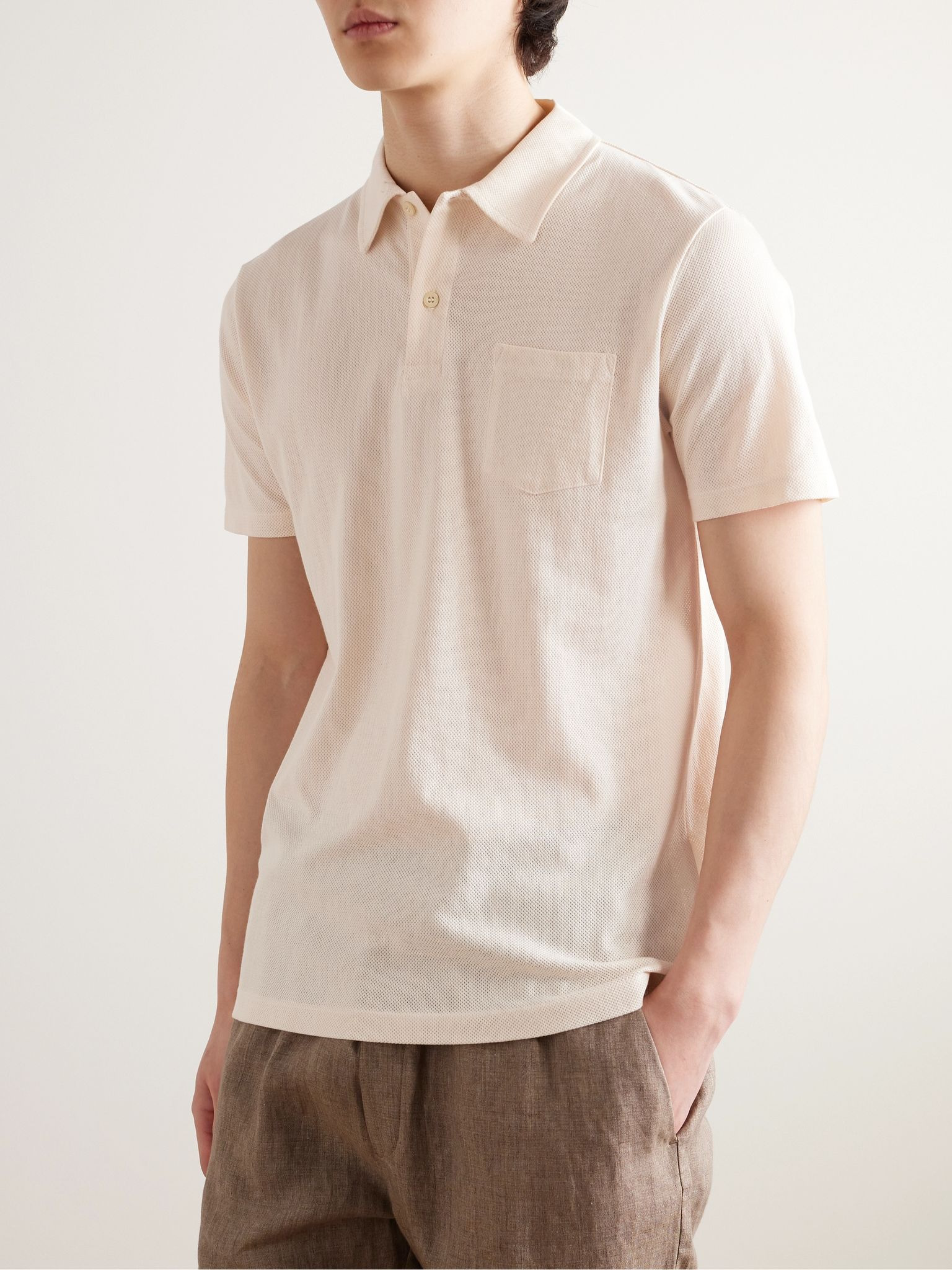 Riviera Slim-Fit Cotton-Mesh Polo Shirt Beige - 3