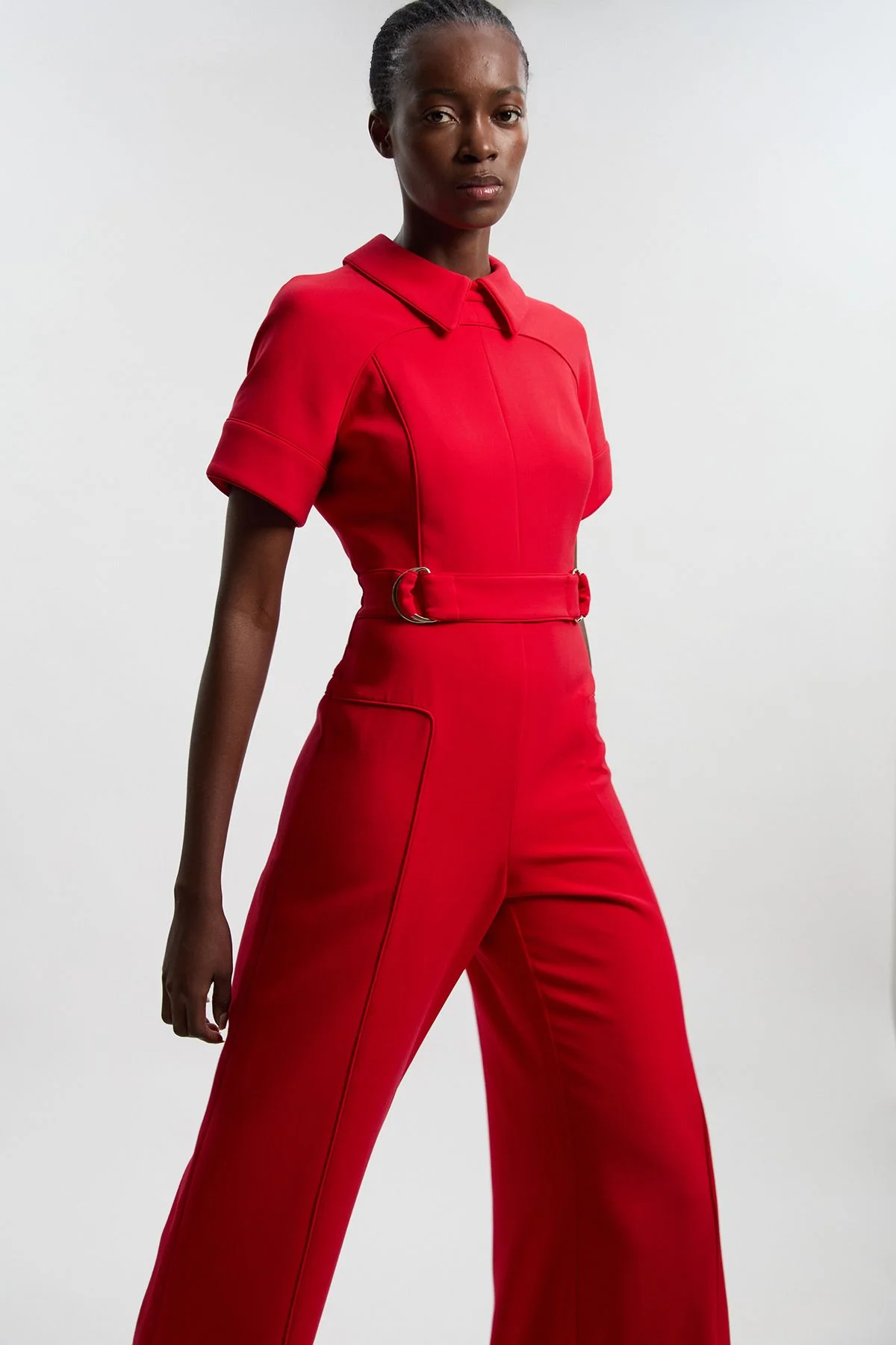 Compact Stretch Tipped Tab Detail Tailored Jumpsuit - 1