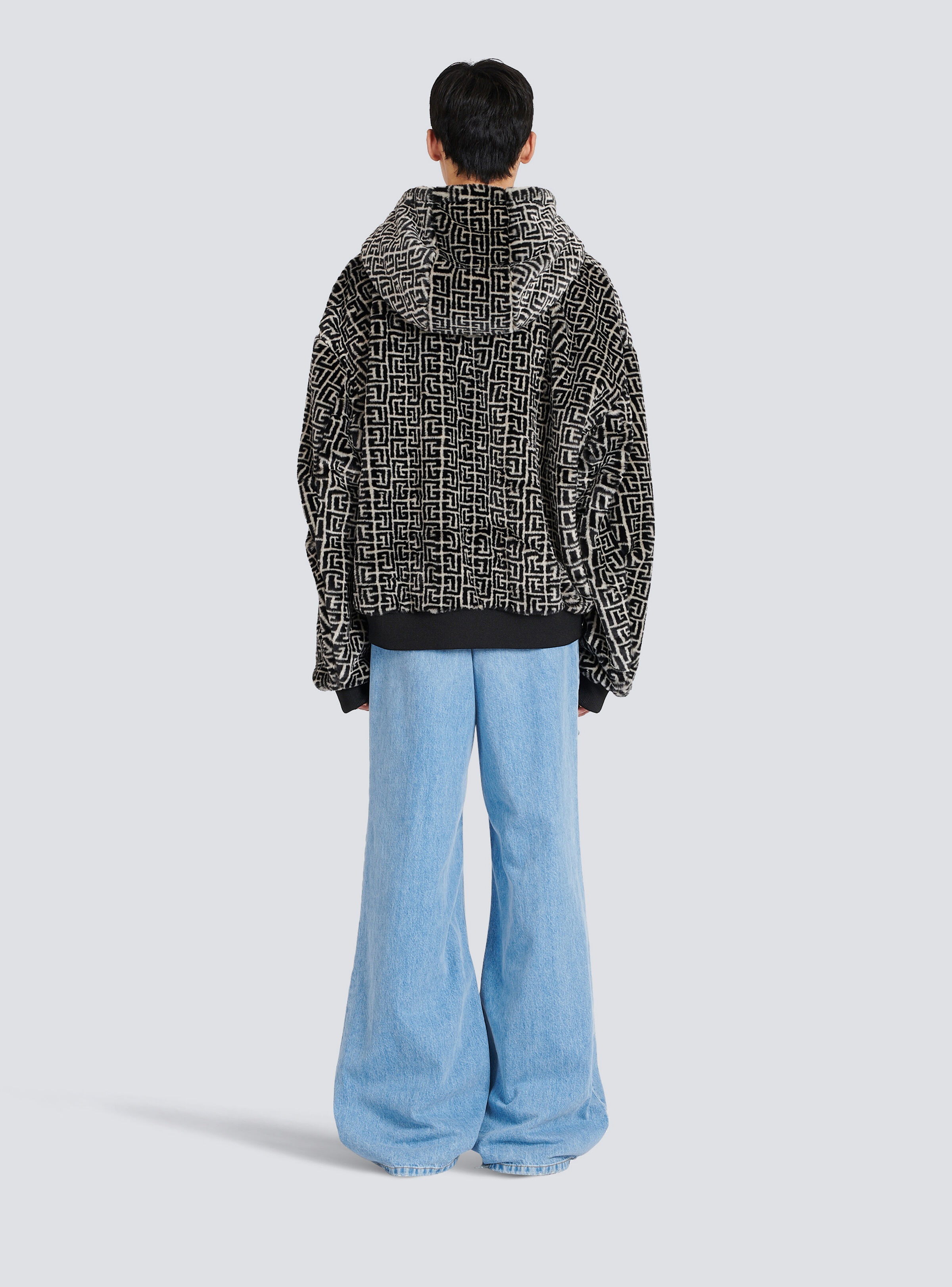 Hooded faux fur sweatshirt with Balmain monogram - 4